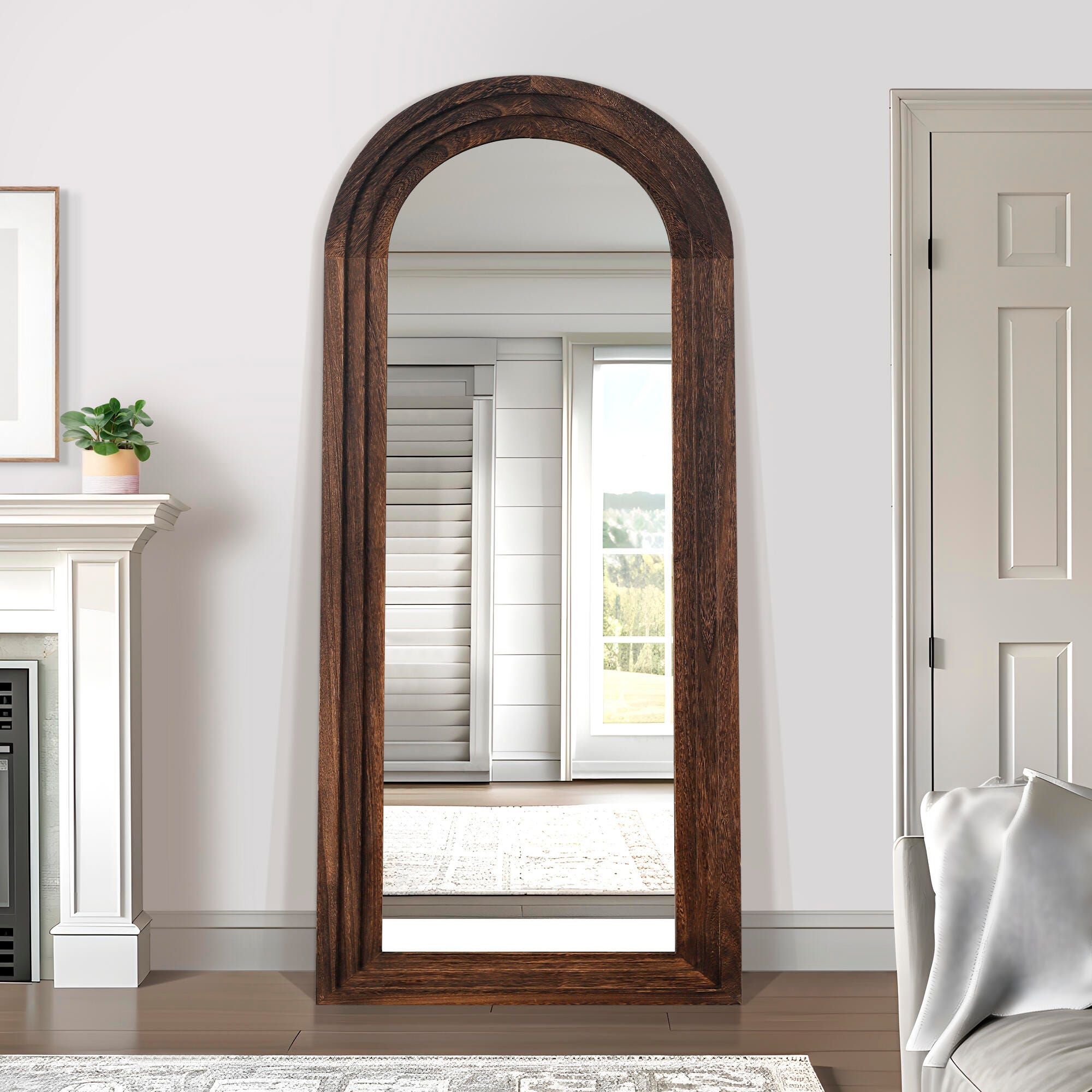 Dulcea 71" Classic Arched Framed Mirror, Brown, large