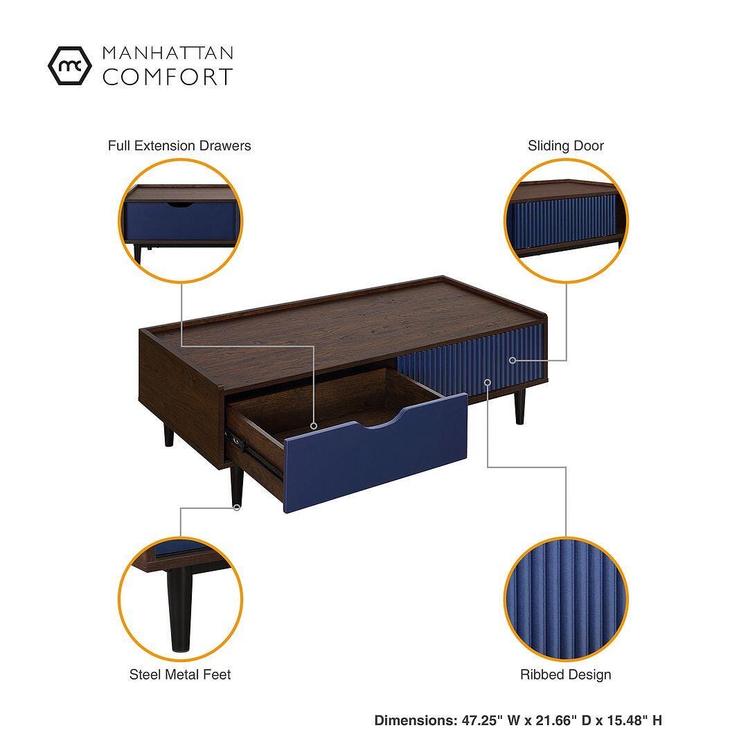 Manhattan Comfort Duane Coffee Table, Dark Brown/Navy Blue, large