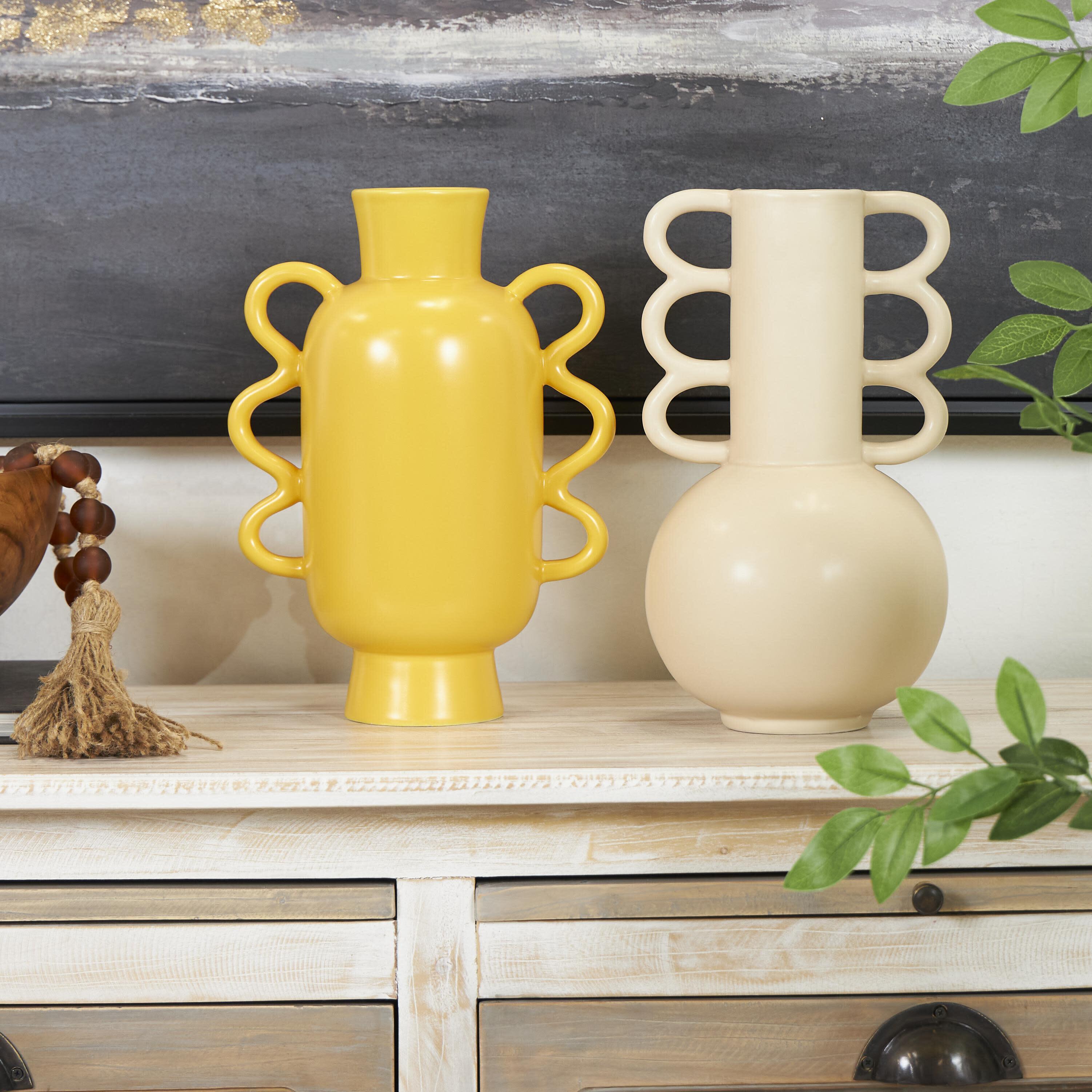 CosmoLiving by Cosmopolitan Geometric Vase with Wavy Handles (Set of 2), , rollover