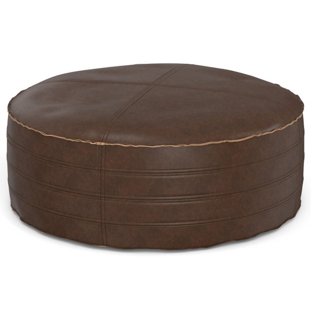 Simpli Home Brody Round Coffee Table Pouf, Distressed Dark Brown