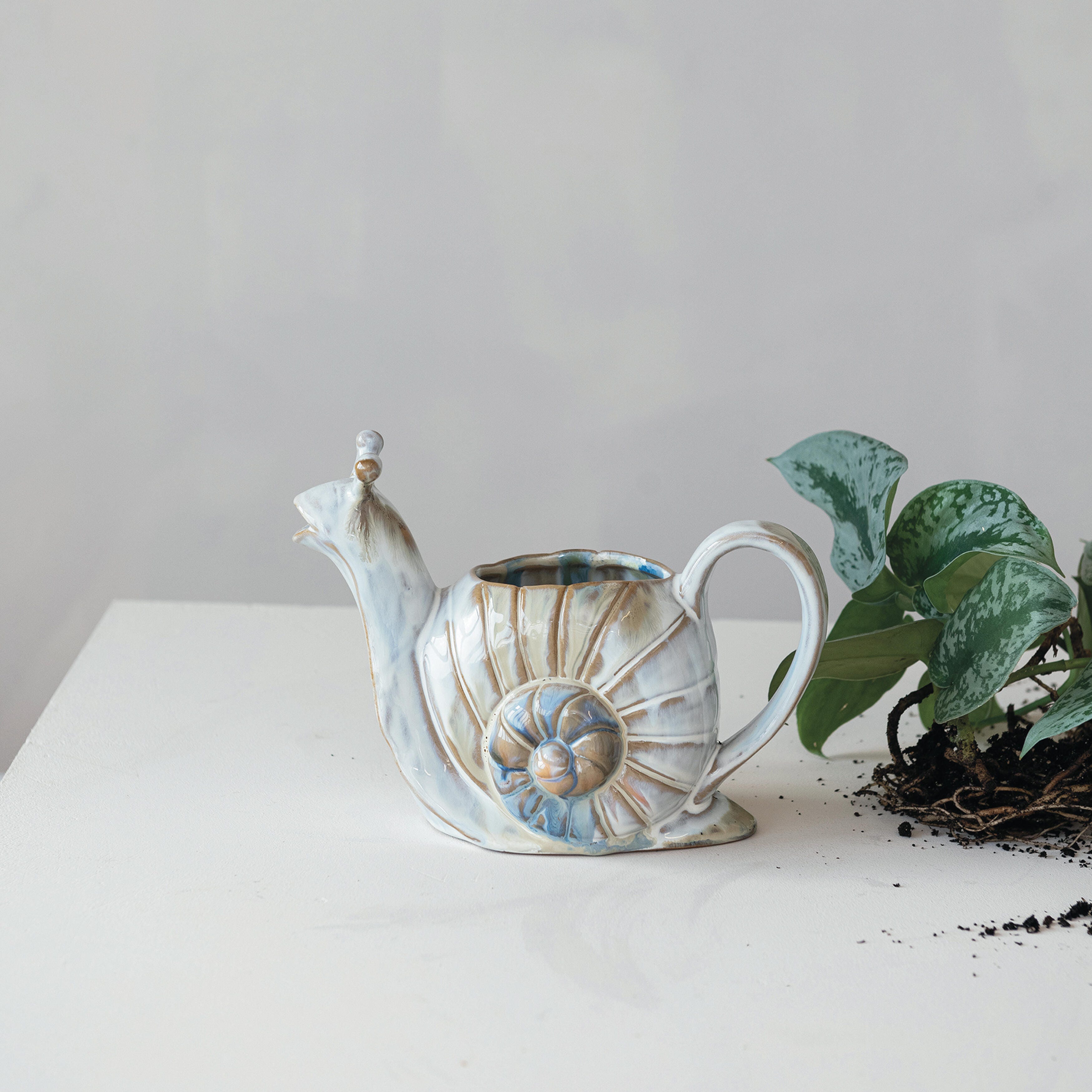Storied Home Stoneware Snail Shaped Watering Can, , large