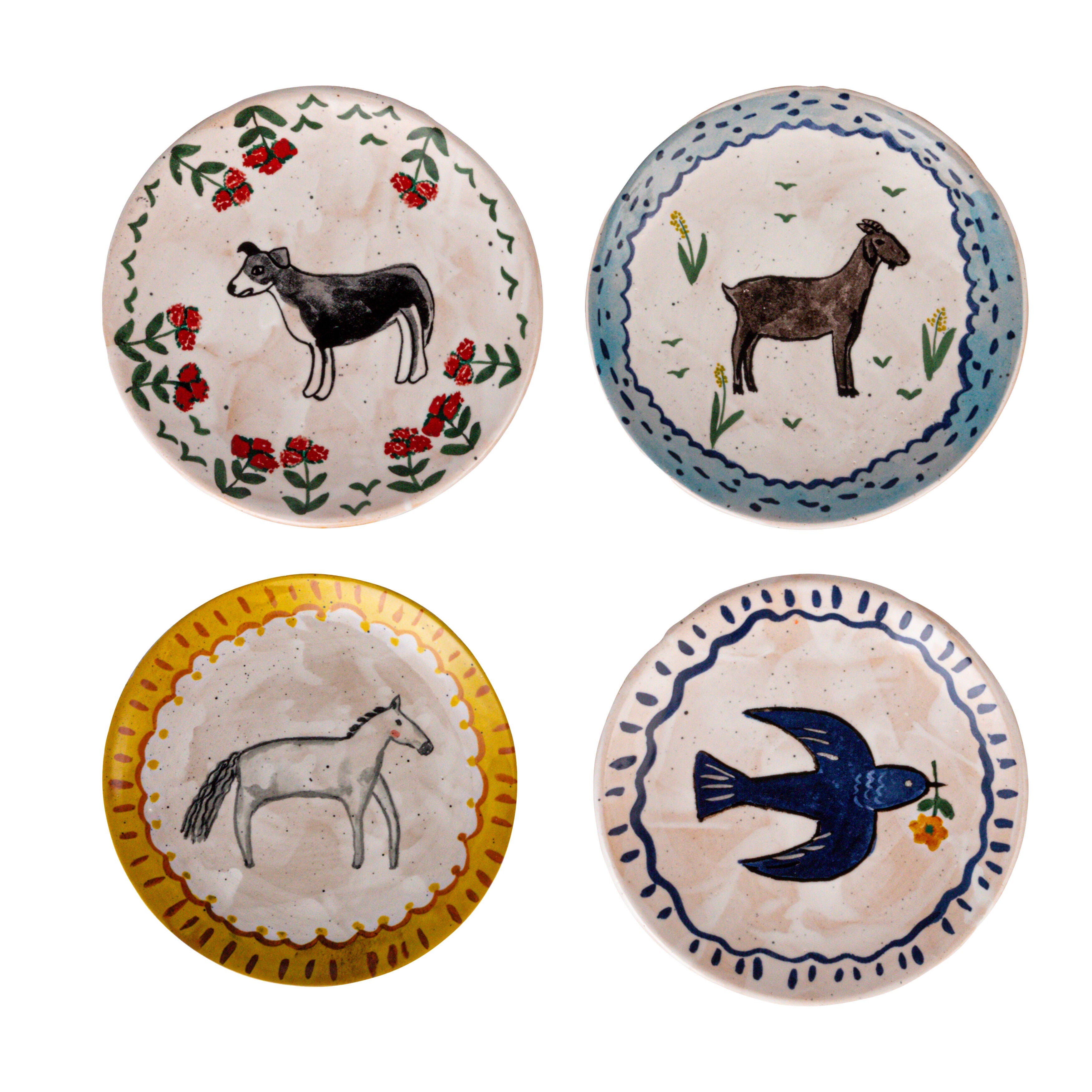 Storied Home Enchanted Fauna Hand-Painted Stoneware Plates Set of 4, , large