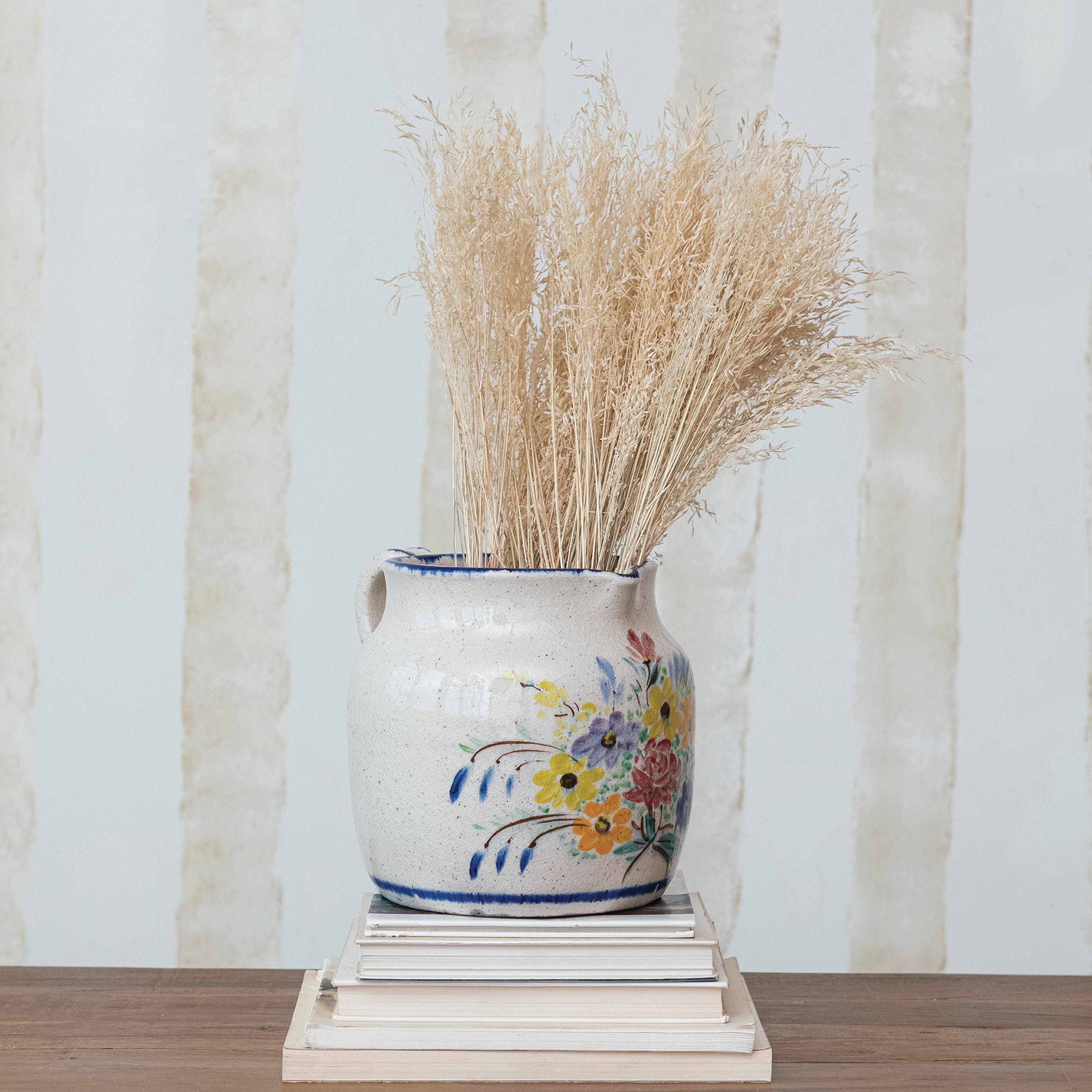 Storied Home Floral Terra-cotta Crackle Glaze Pitcher, , rollover