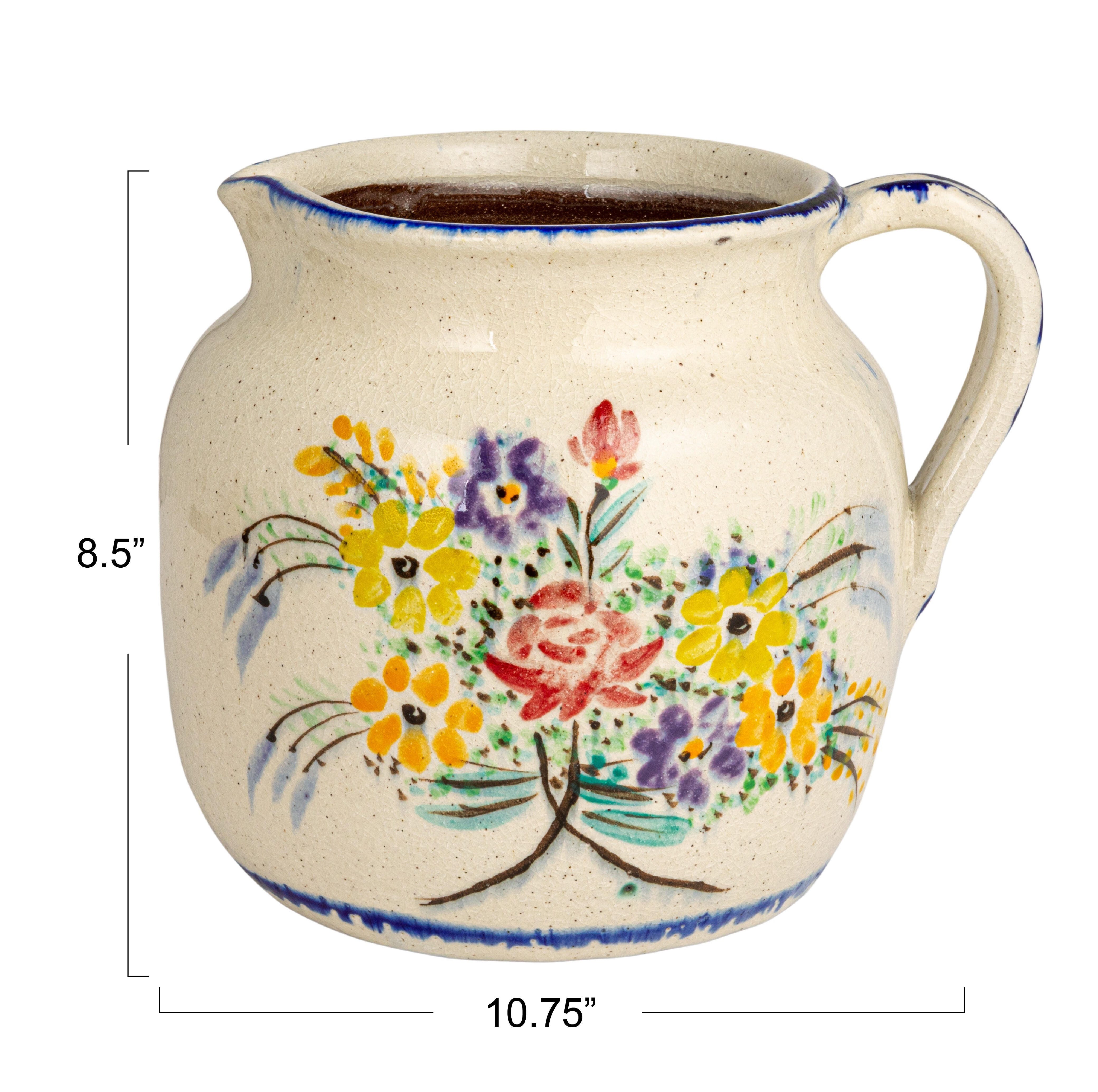 Storied Home Floral Terra-cotta Crackle Glaze Pitcher, , large