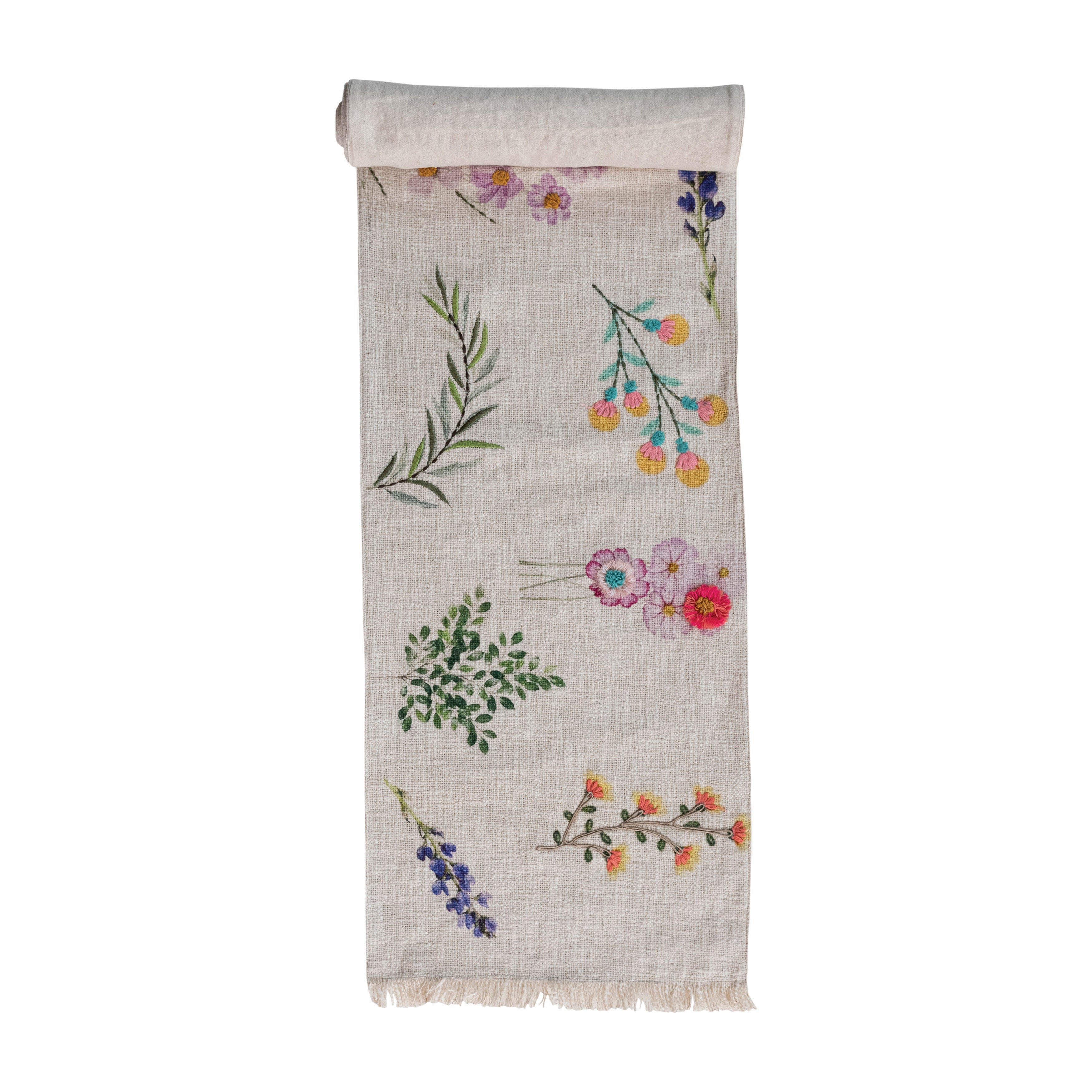 Storied Home Slub Printed Table Runner with Flowers, , large