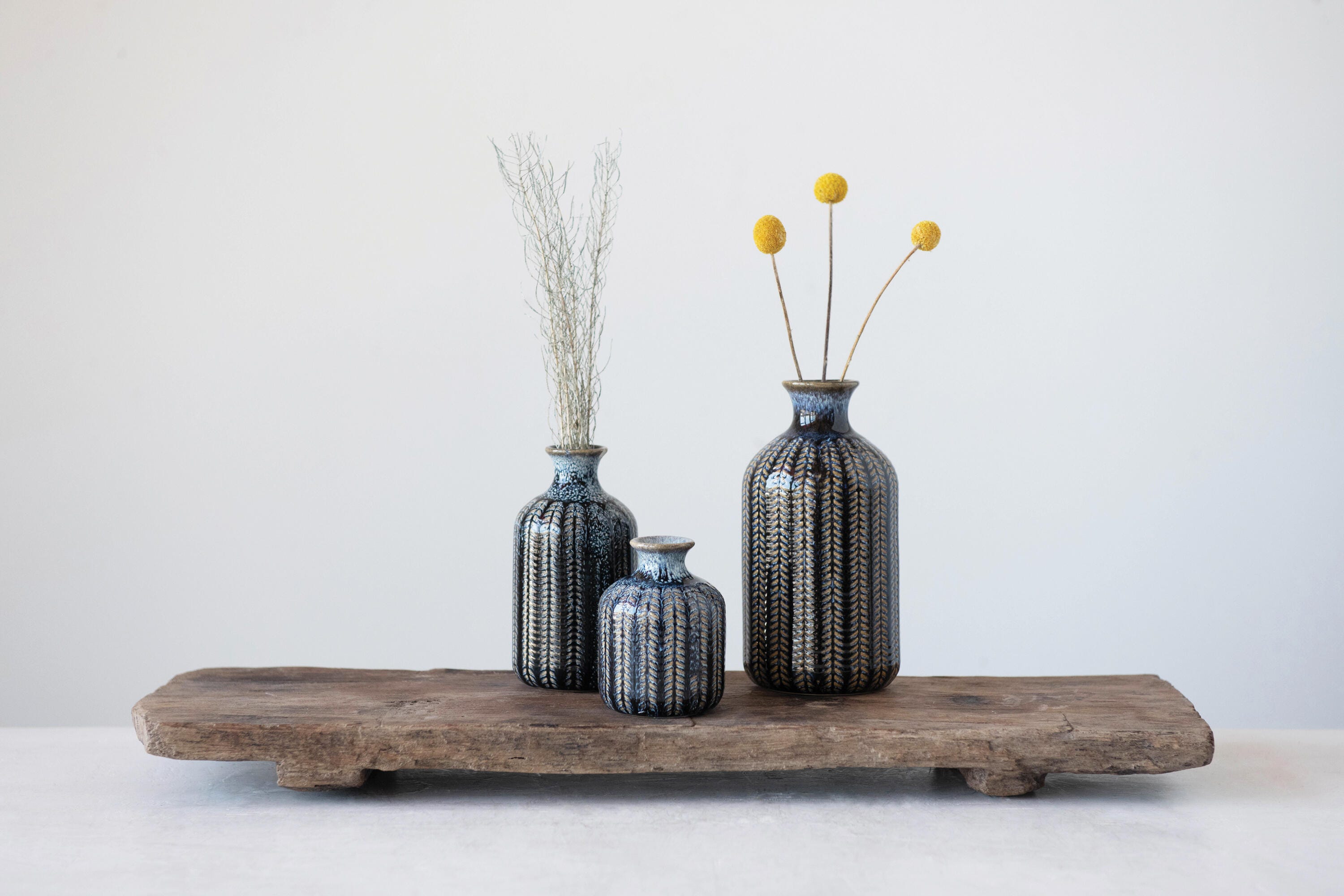 Storied Home Stoneware Embossed Vase Set of 3, , large