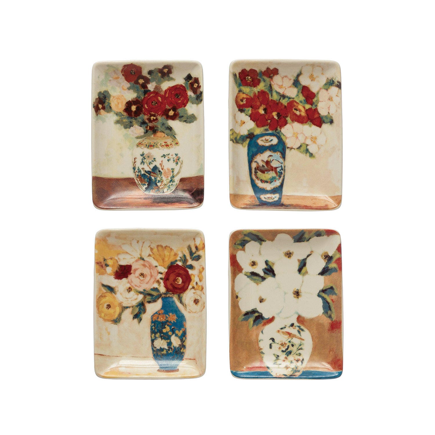 Storied Home Stoneware Dish with Flowers in Vase Set of 4, , large