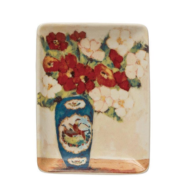 Storied Home Stoneware Dish with Flowers in Vase Set of 4, , large