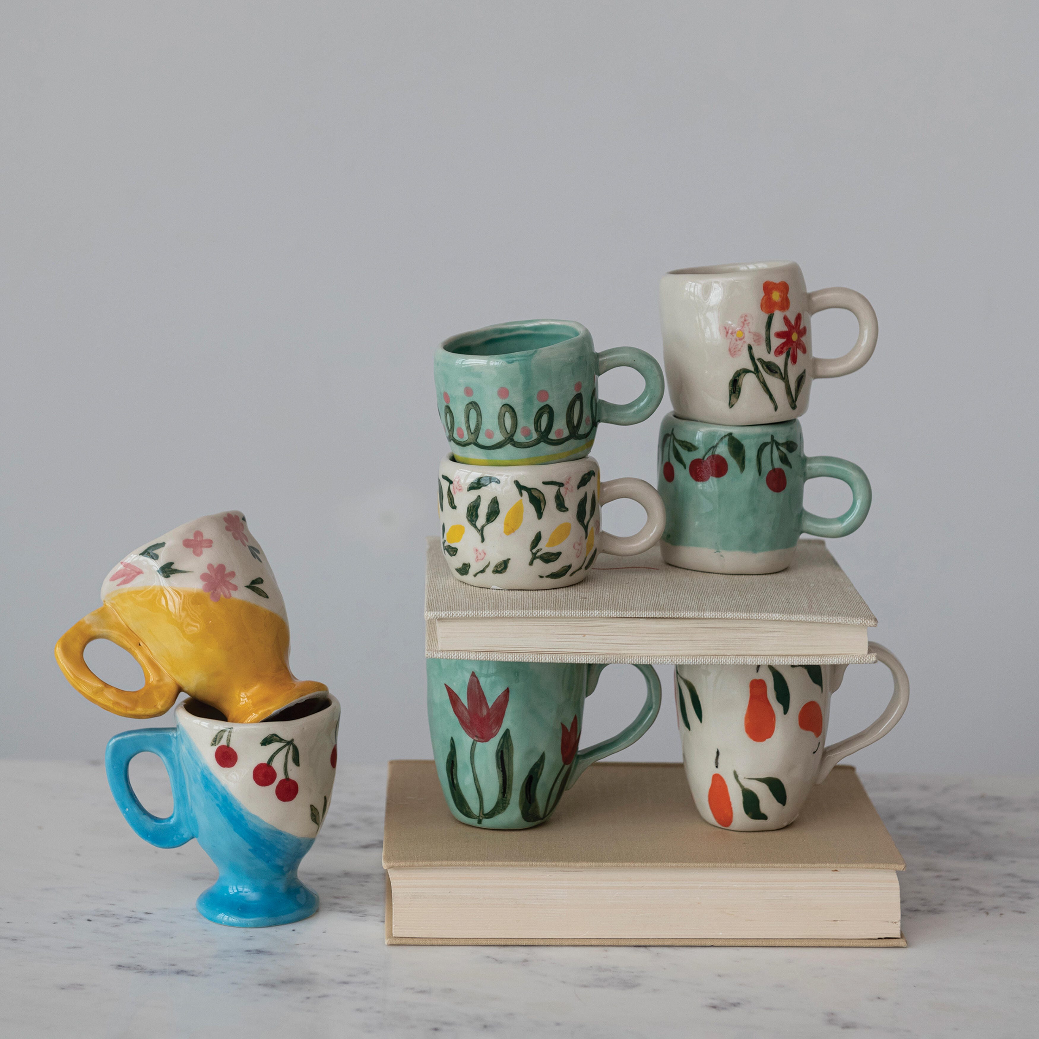Storied Home Stoneware Espresso Cups with Painted Designs Set of 8, , large