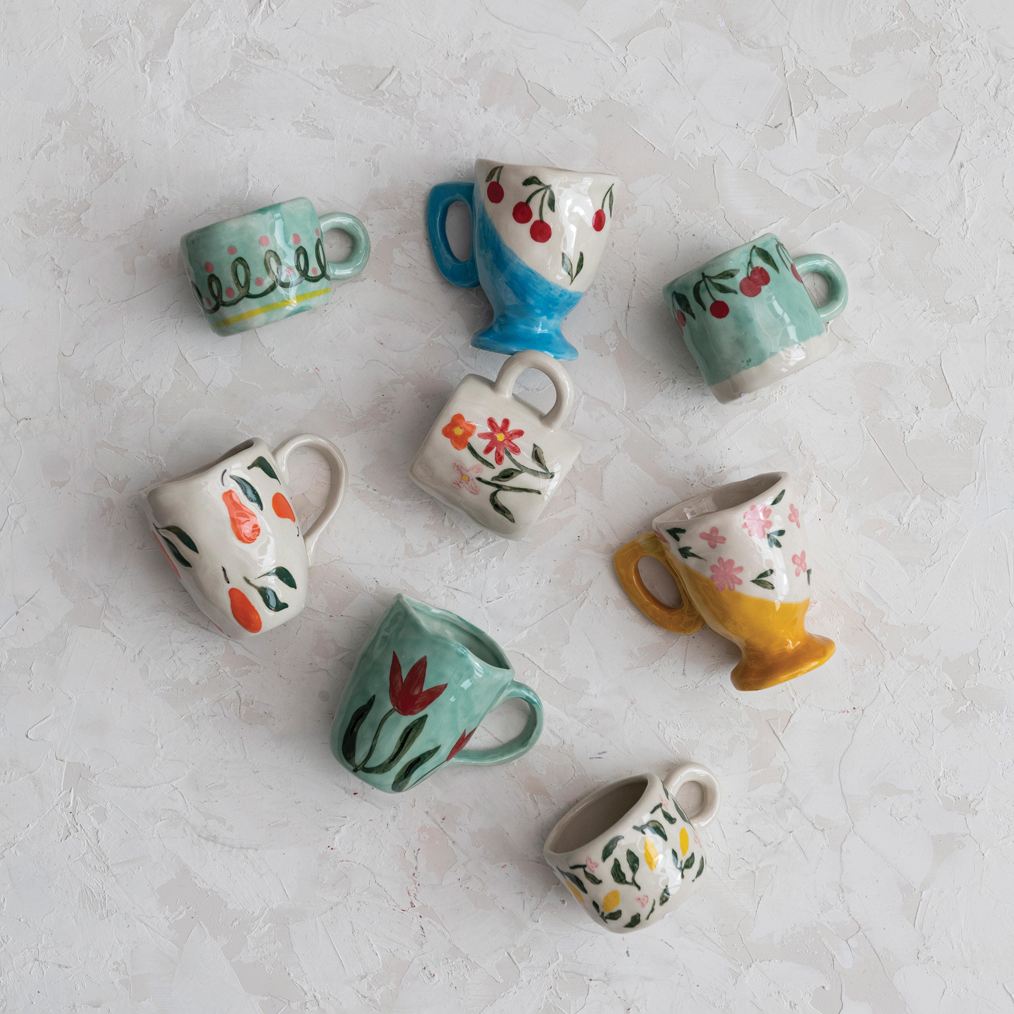 Storied Home Stoneware Espresso Cups with Painted Designs Set of 8, , large