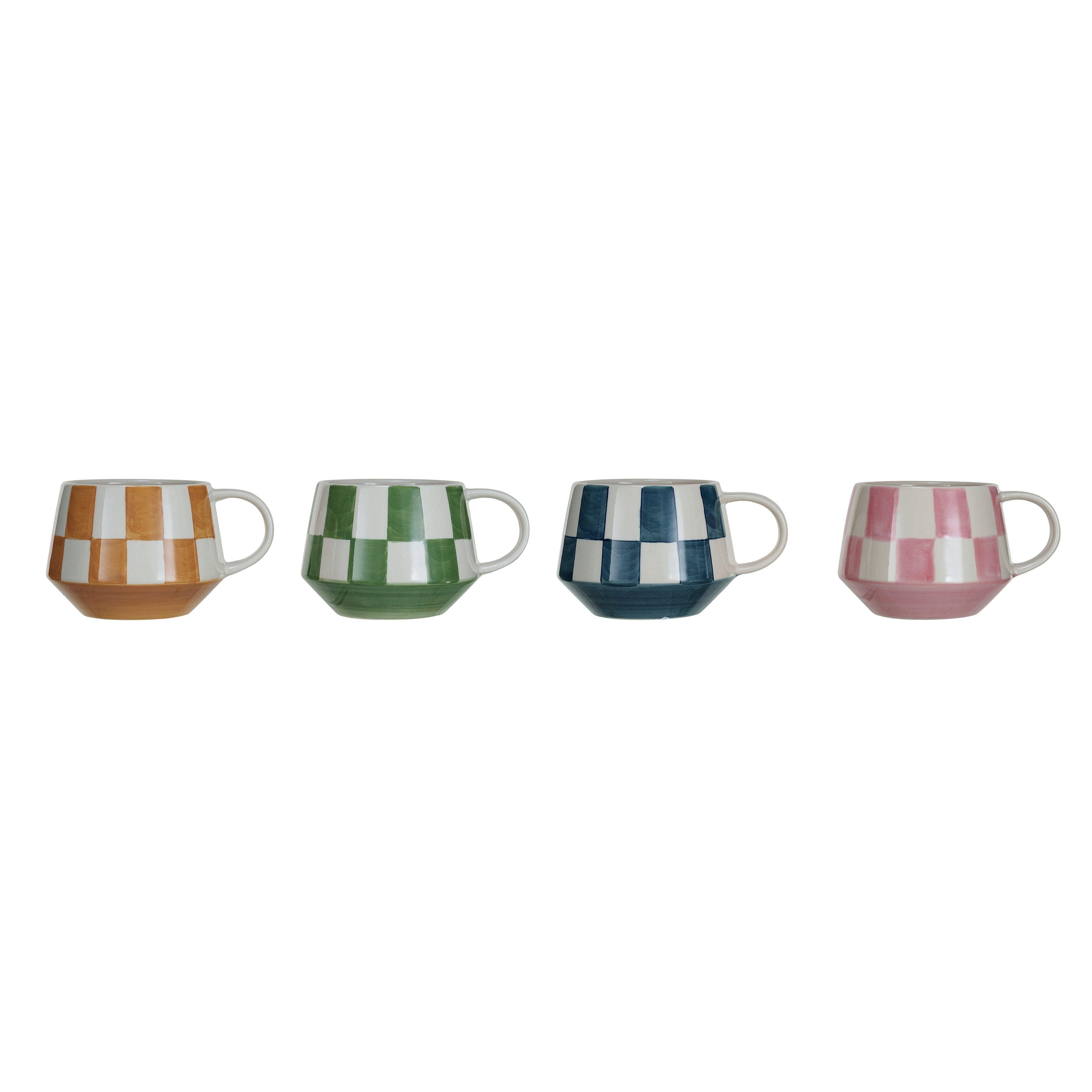 Storied Home Stoneware Mug Set with Checkered Patterns Set of 4, , large