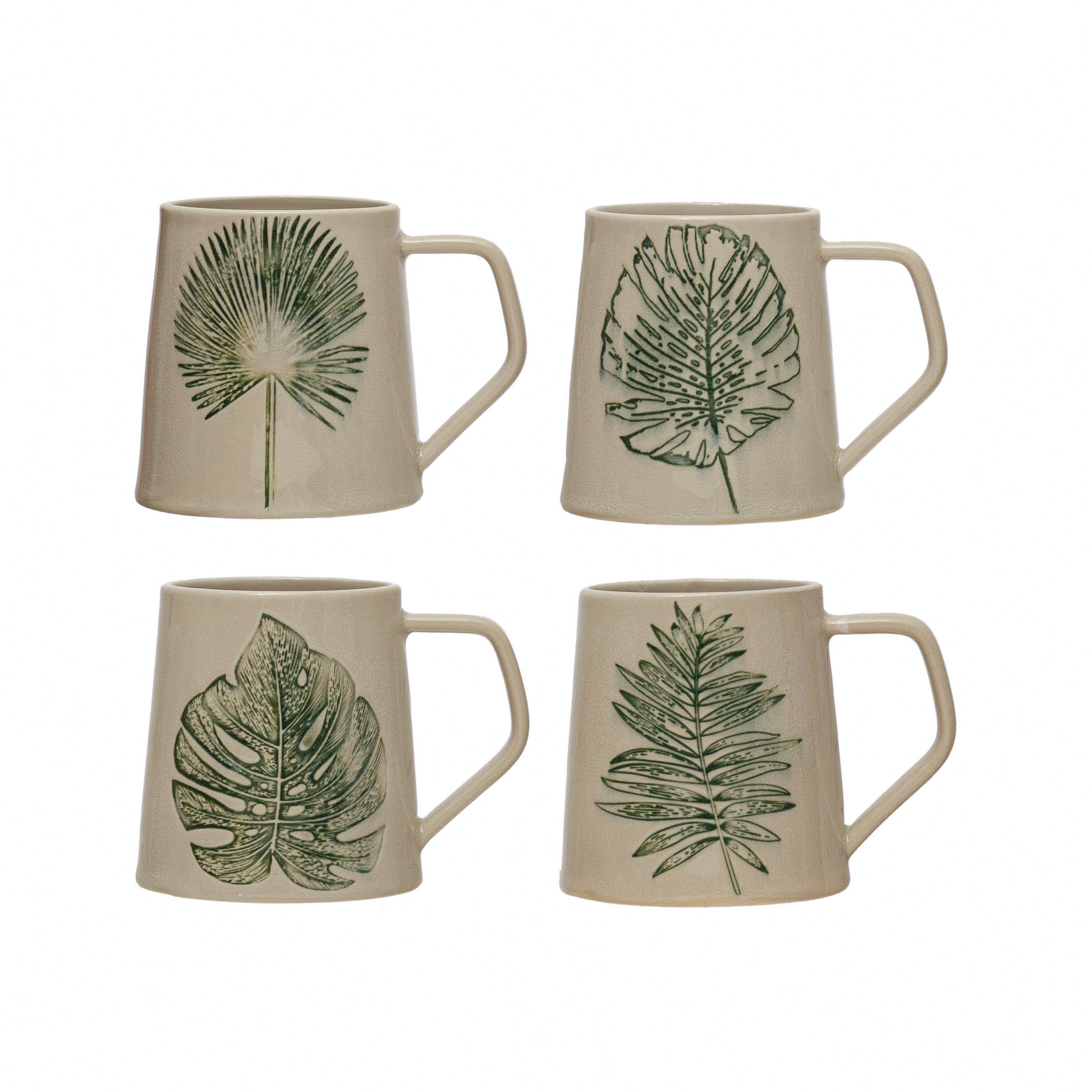 Storied Home Stoneware Mug with Debossed Leaf Set of 4, , large