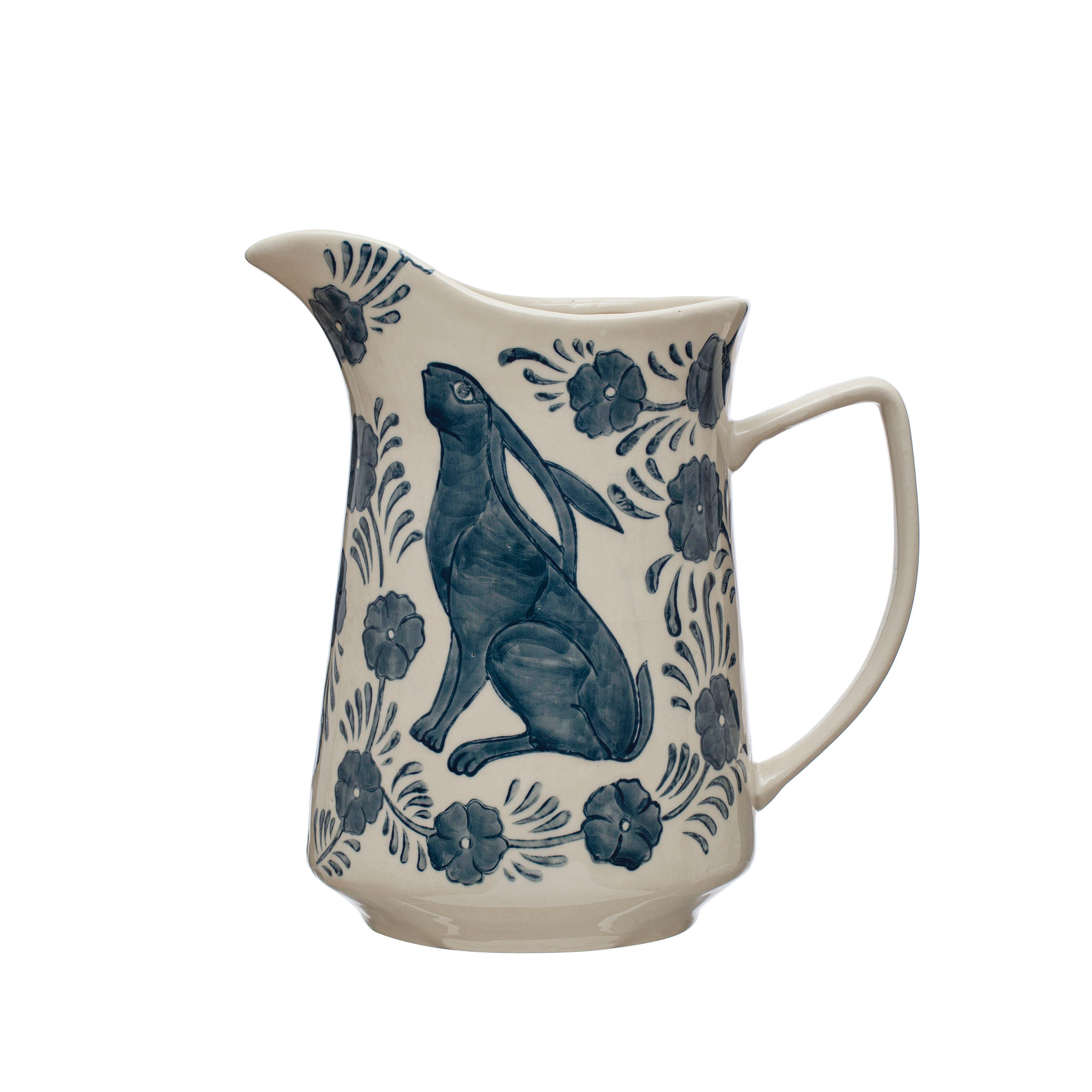 Storied Home Stoneware Pitcher with Painted Rabbit and Florals, , large