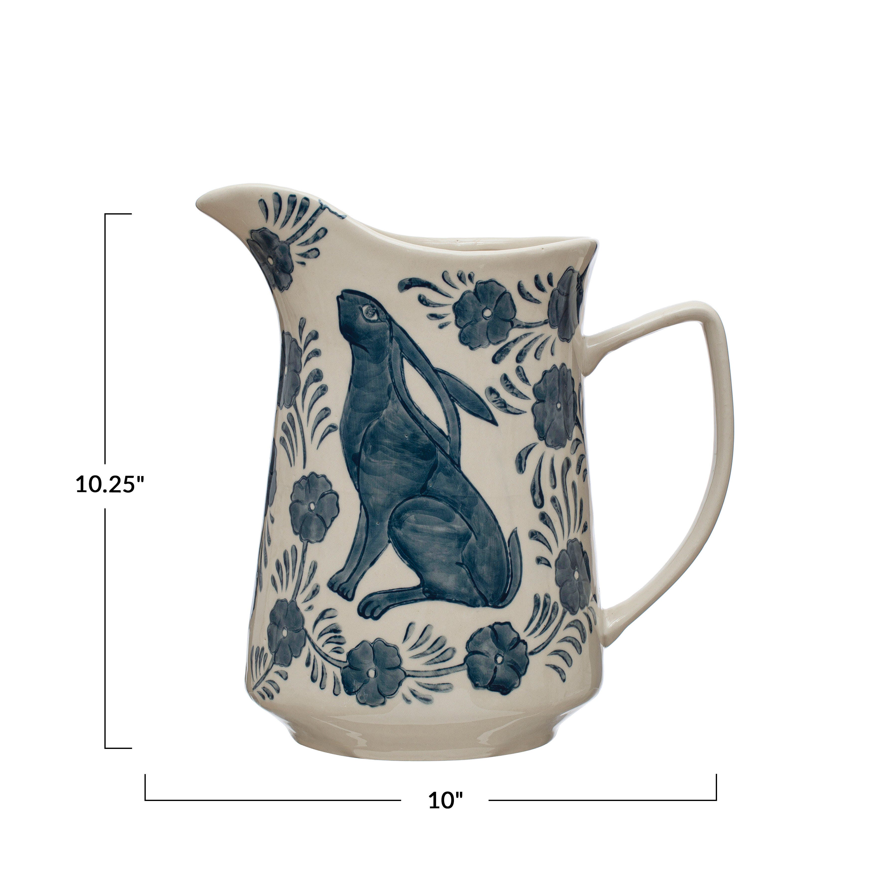 Storied Home Stoneware Pitcher with Painted Rabbit and Florals, , large
