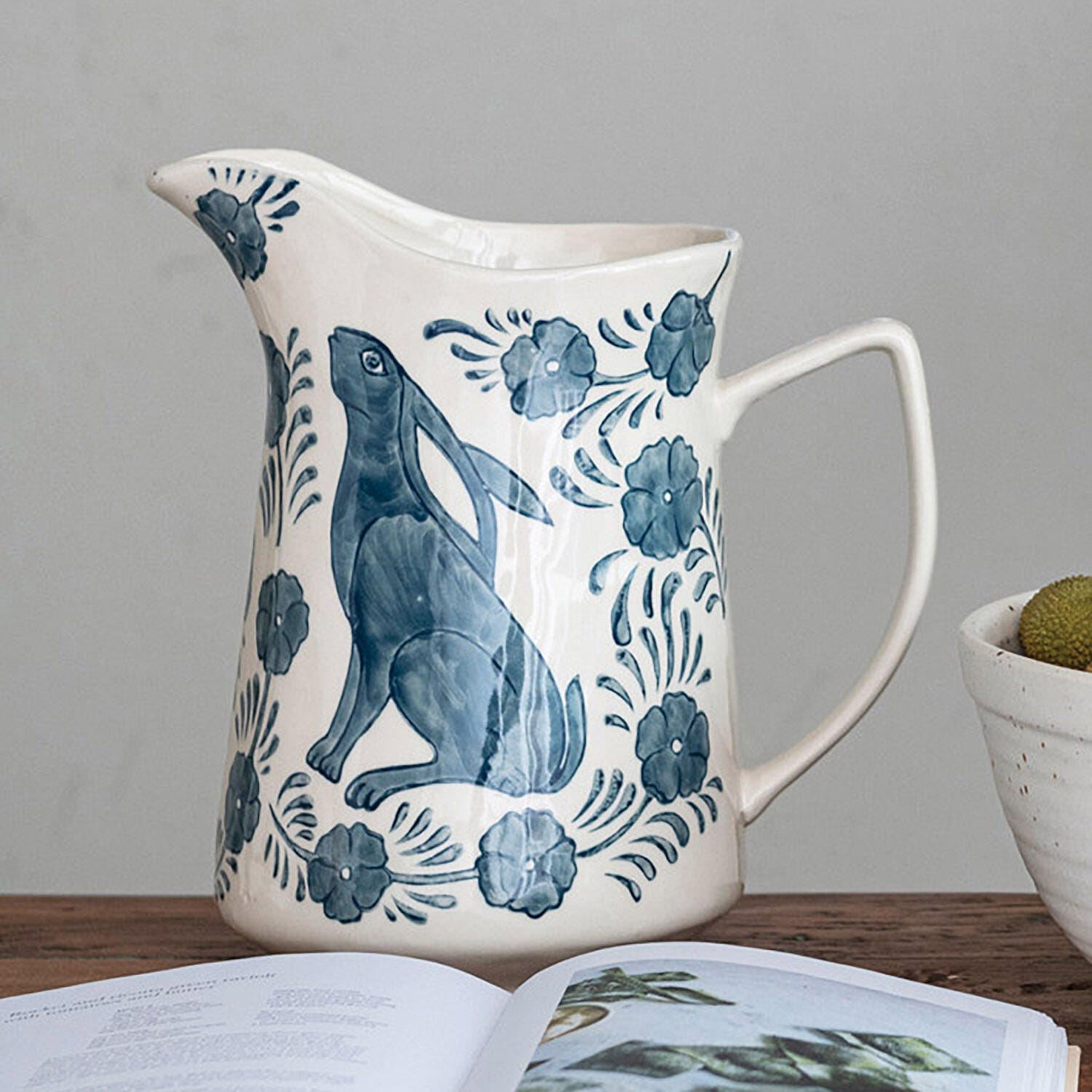 Storied Home Stoneware Pitcher with Painted Rabbit and Florals, , large