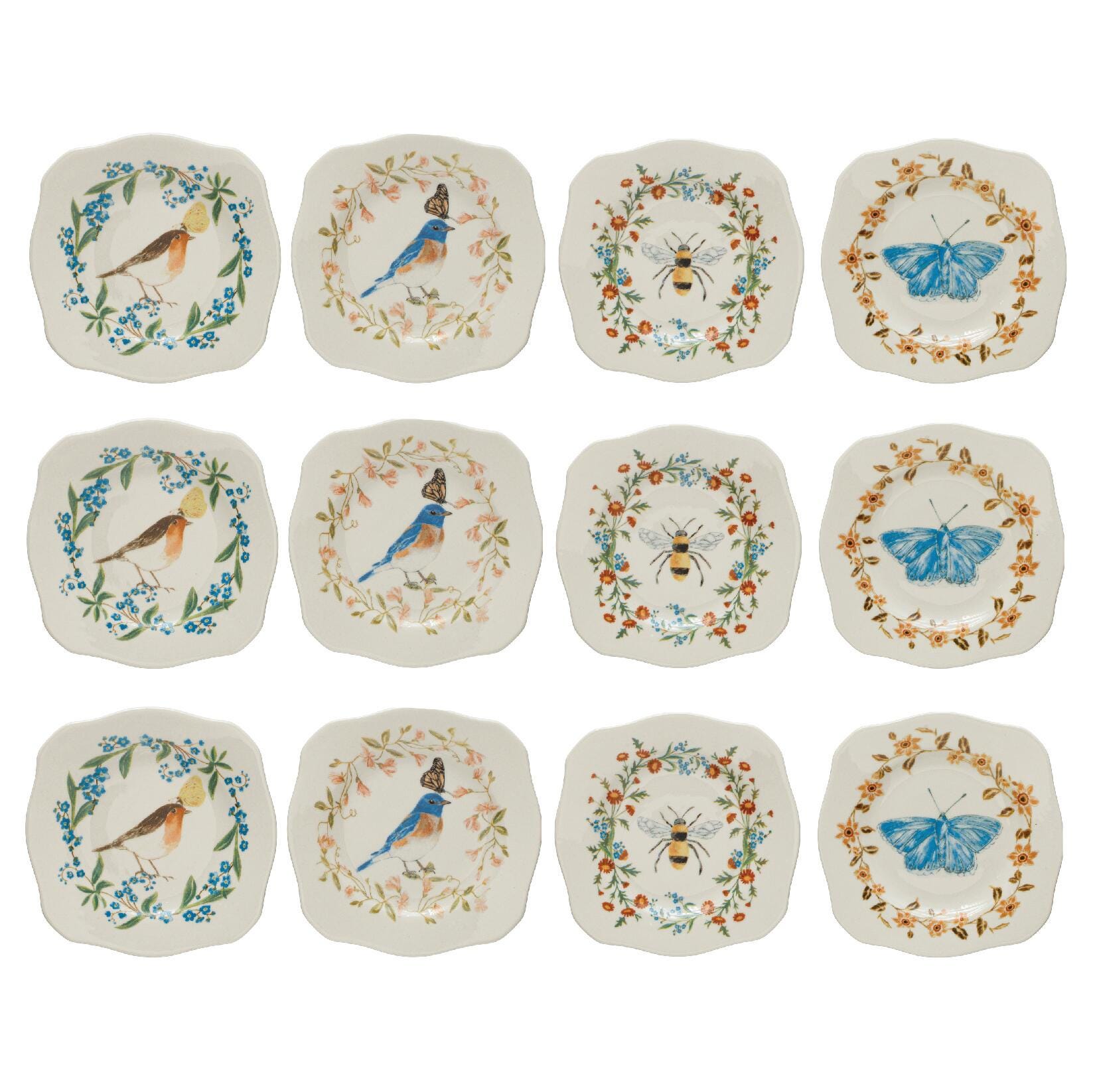 Storied Home Stoneware Plates with Painted Fauna Set of 12, , large