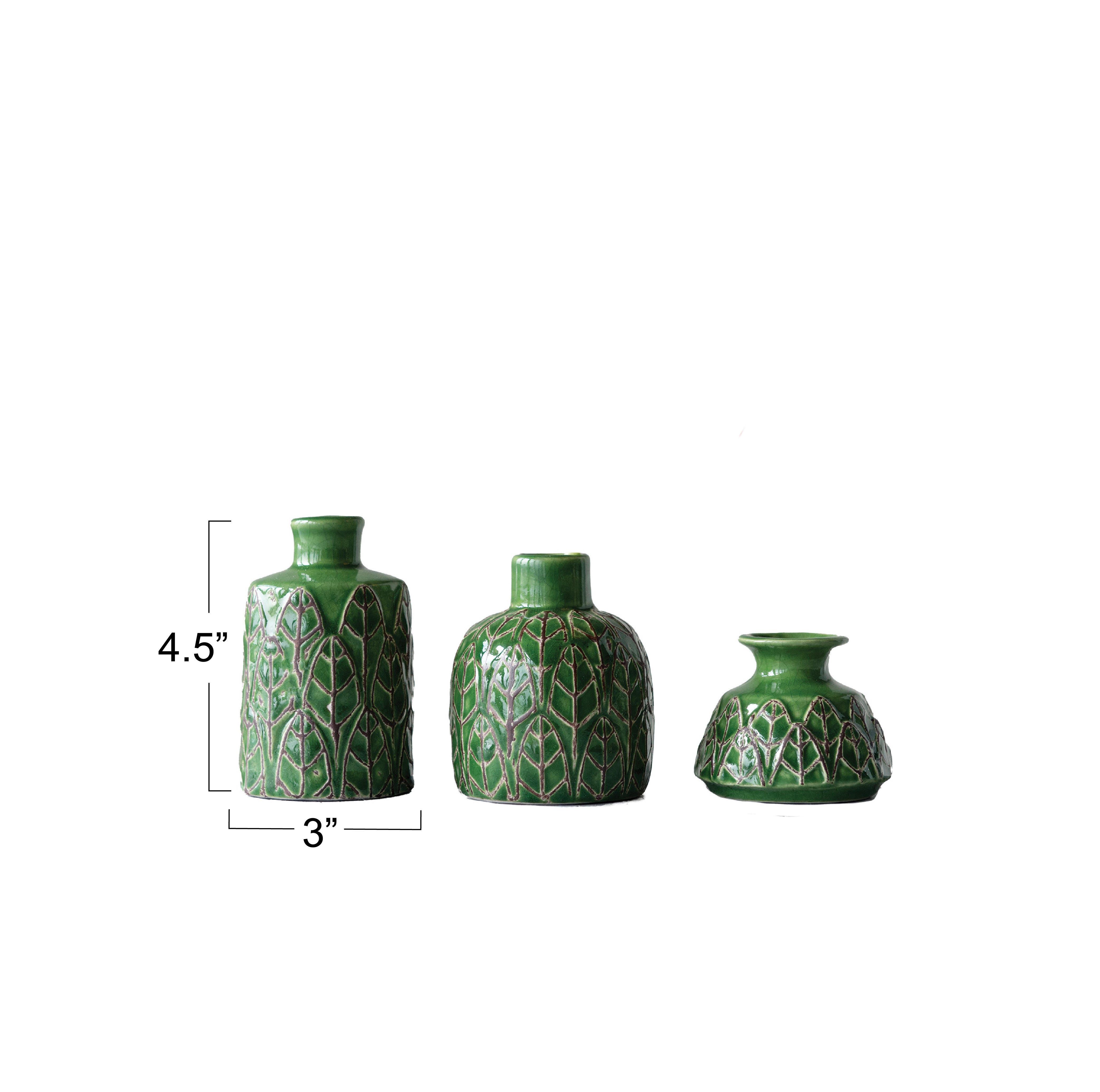 Storied Home Various Stoneware Planters with Leafy Patterns Set of 3, , large