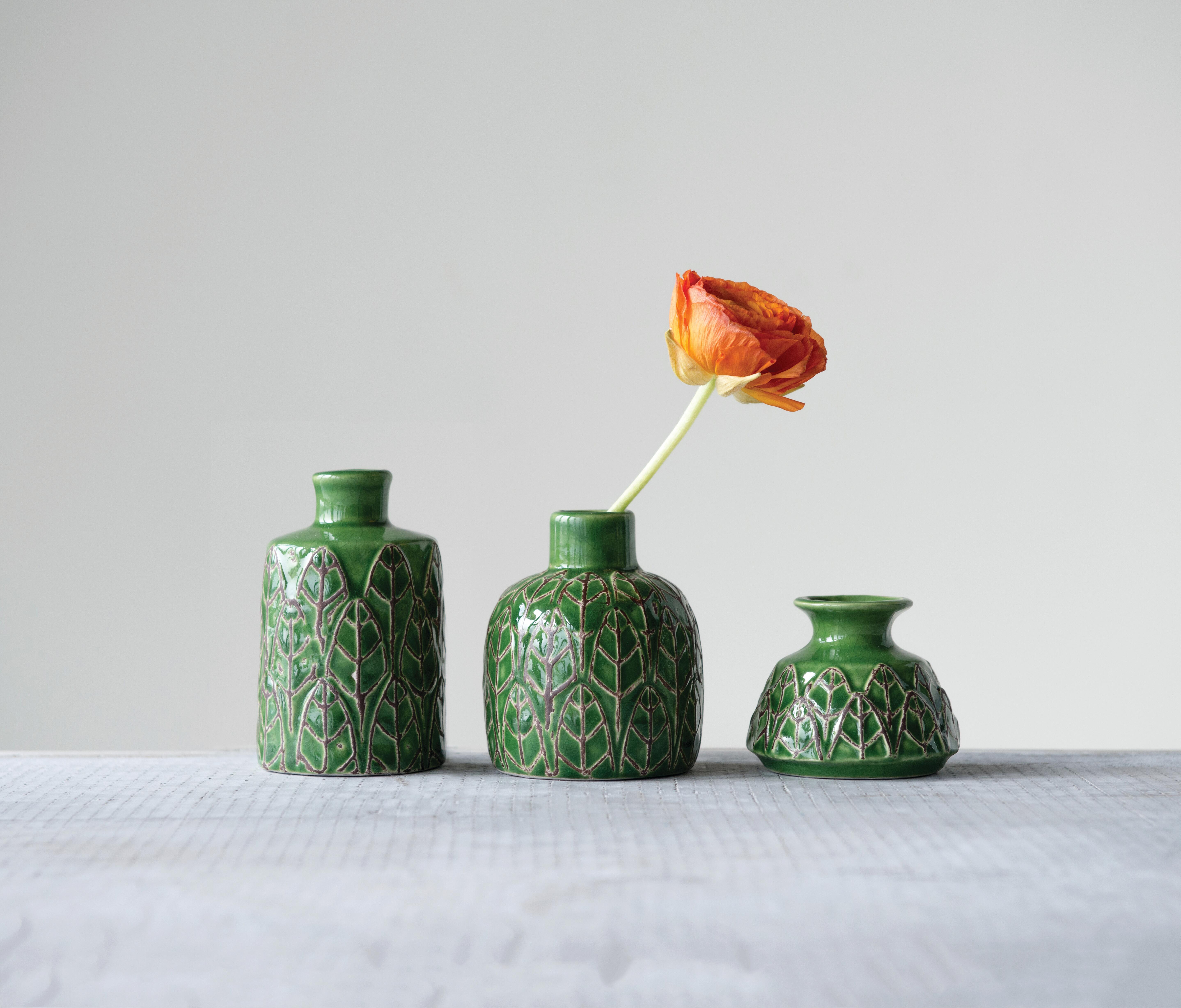Storied Home Various Stoneware Planters with Leafy Patterns Set of 3, , large