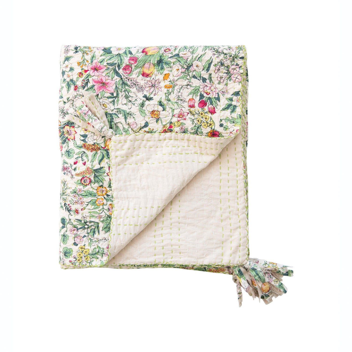 Storied Home Kantha Floral Pattern Quilted Throw, , large