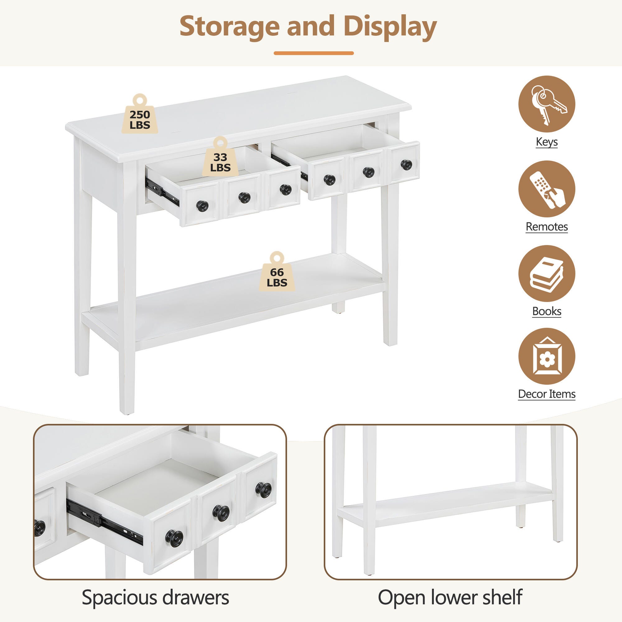 Dovelina Trecy Console Table with Open Shelf, White, large