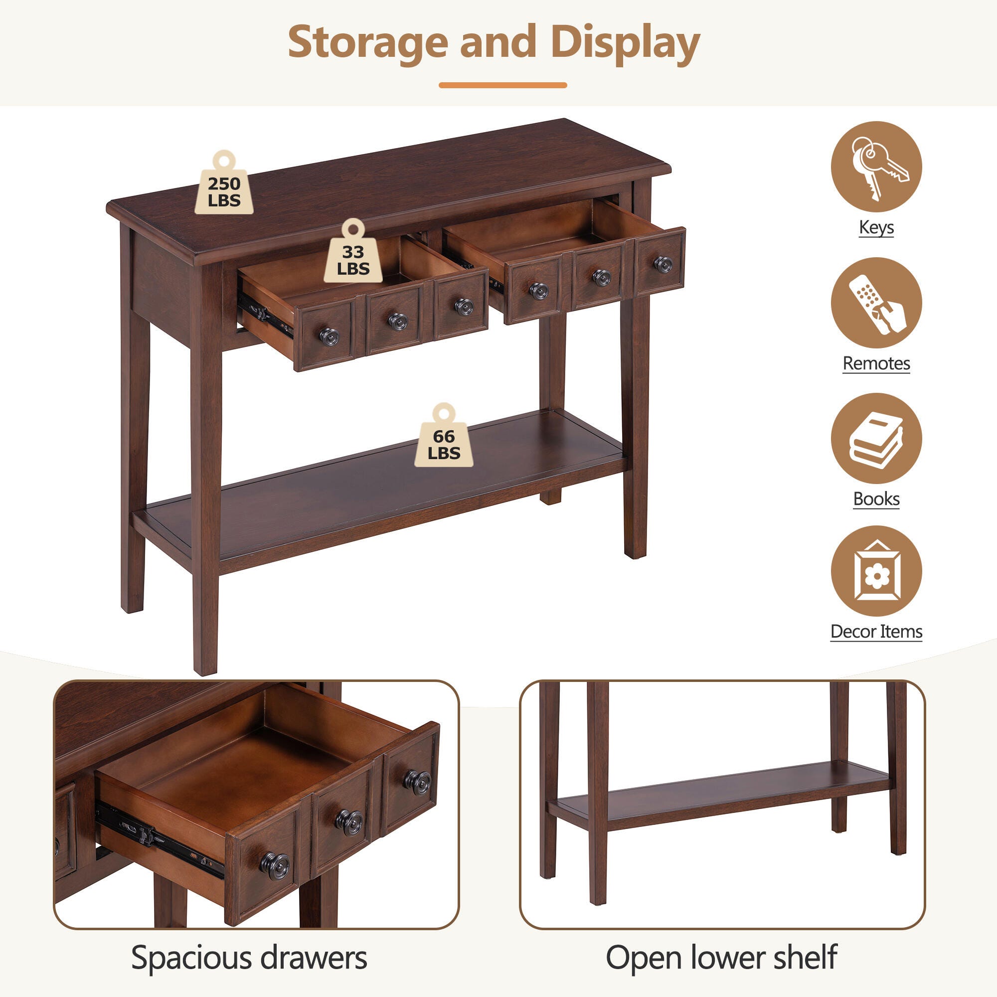 Dovelina Trecy Console Table with Open Shelf, Brown, large