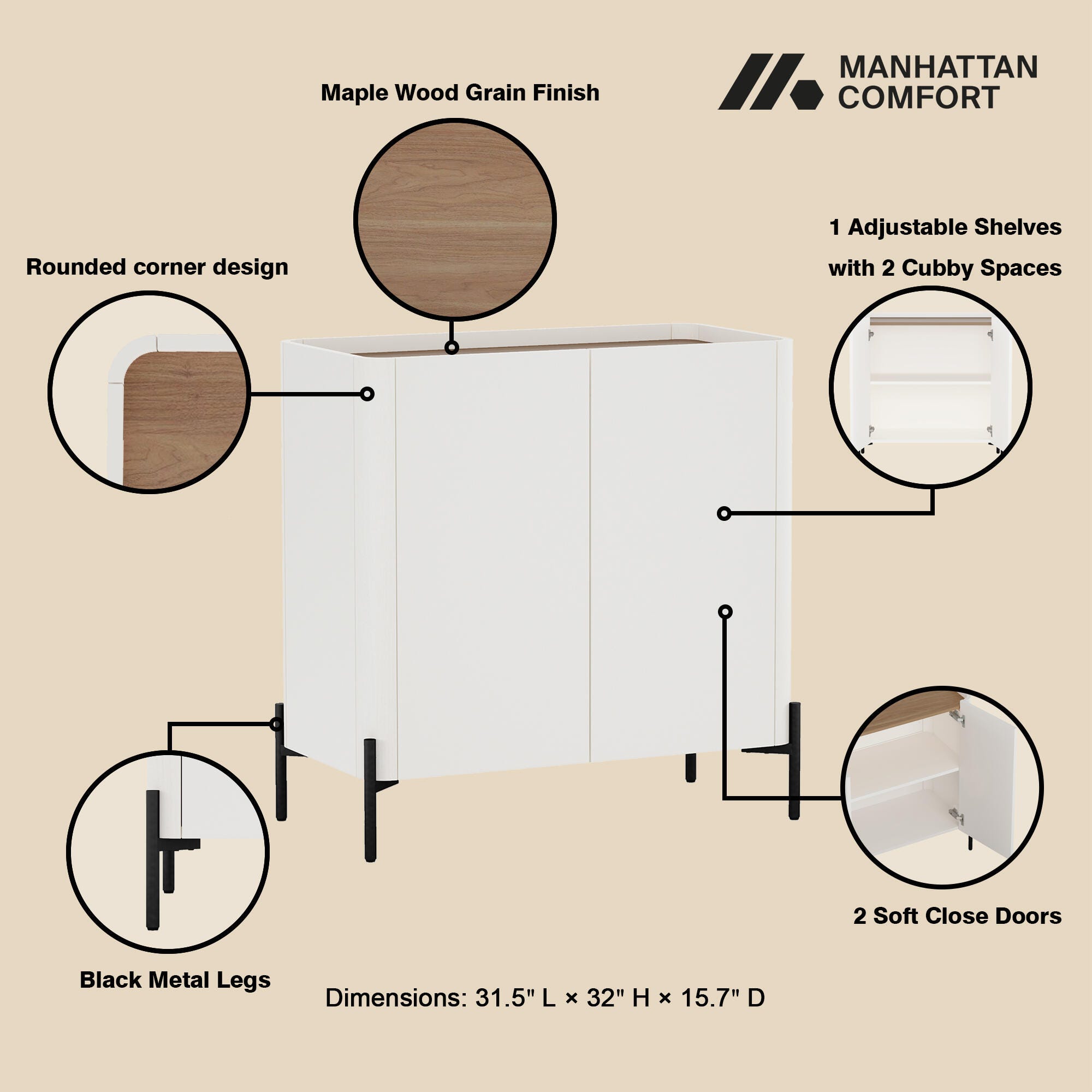 Manhattan Comfort Abbey 32" Accent Cabinet with Adjustable Shelves, Maple/Off White, large
