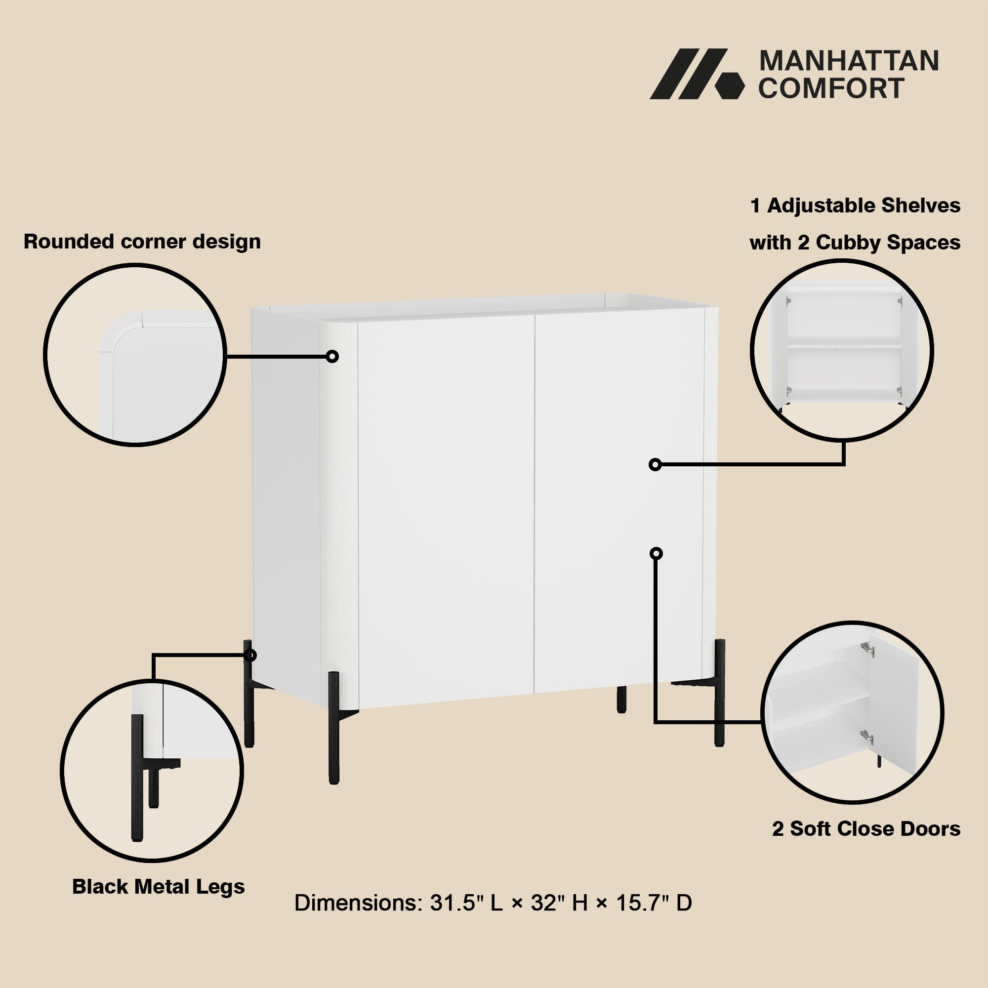Manhattan Comfort Abbey 32" Accent Cabinet with Adjustable Shelves, White, large