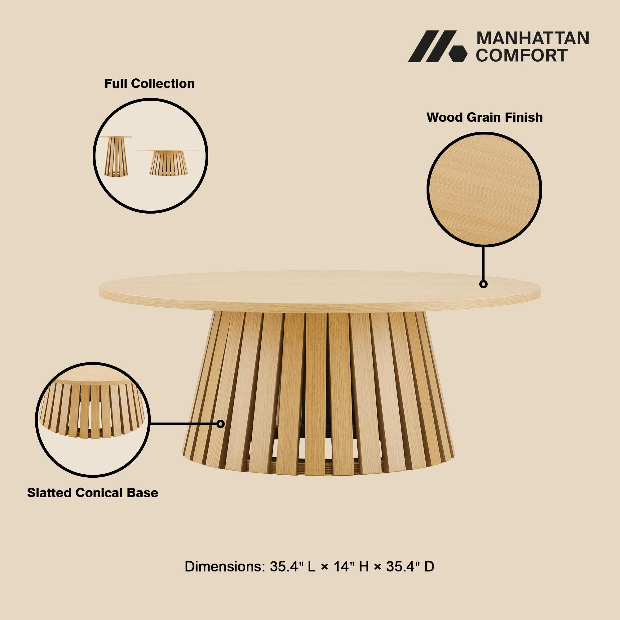Manhattan Comfort Layla Coffee Table, Natural Oak, large