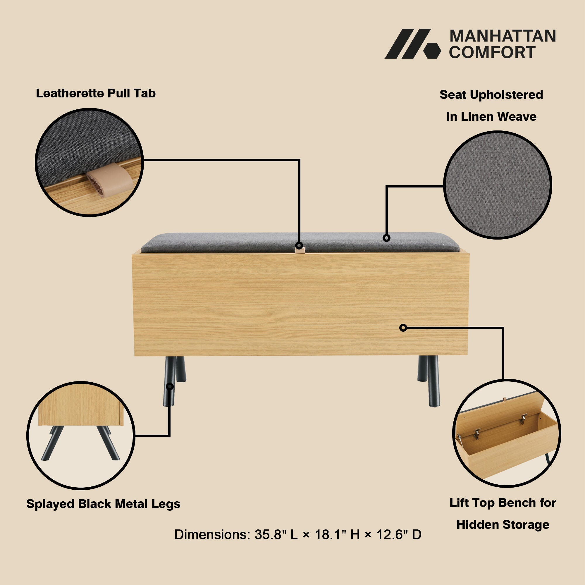 Manhattan Comfort Paloma Storage Bench, , large