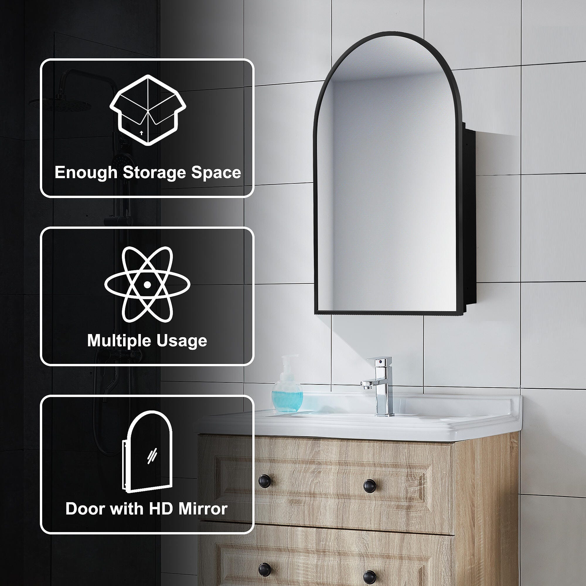 Dovelina Feronia Medicine Cabinet with Mirror, Black, large