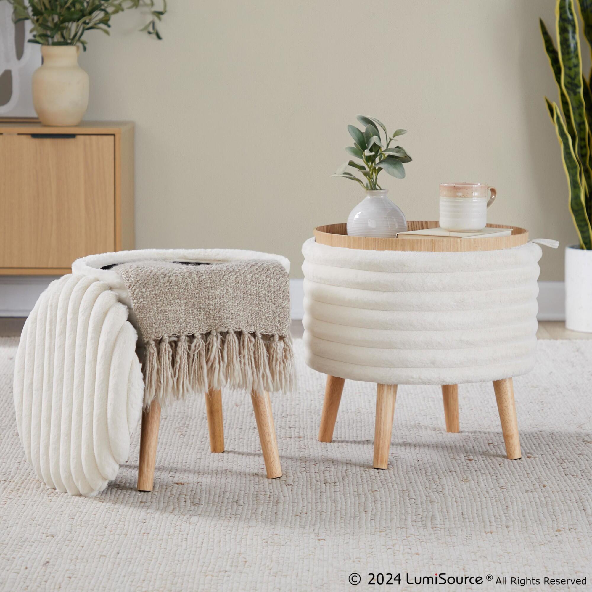 LumiSource Tray Ottoman with Storage (Set of 2), Cream, large