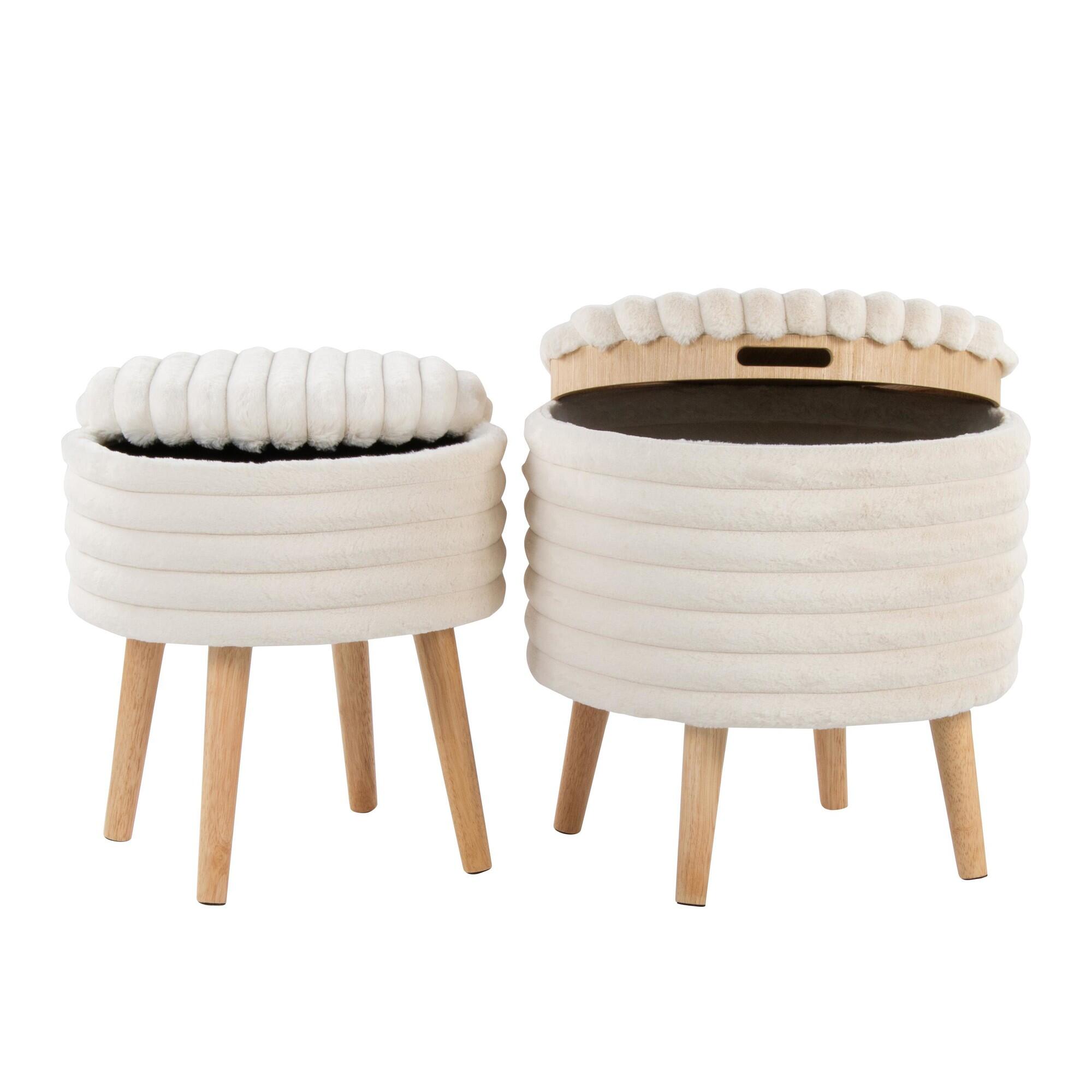 LumiSource Tray Ottoman with Storage (Set of 2), Cream, large