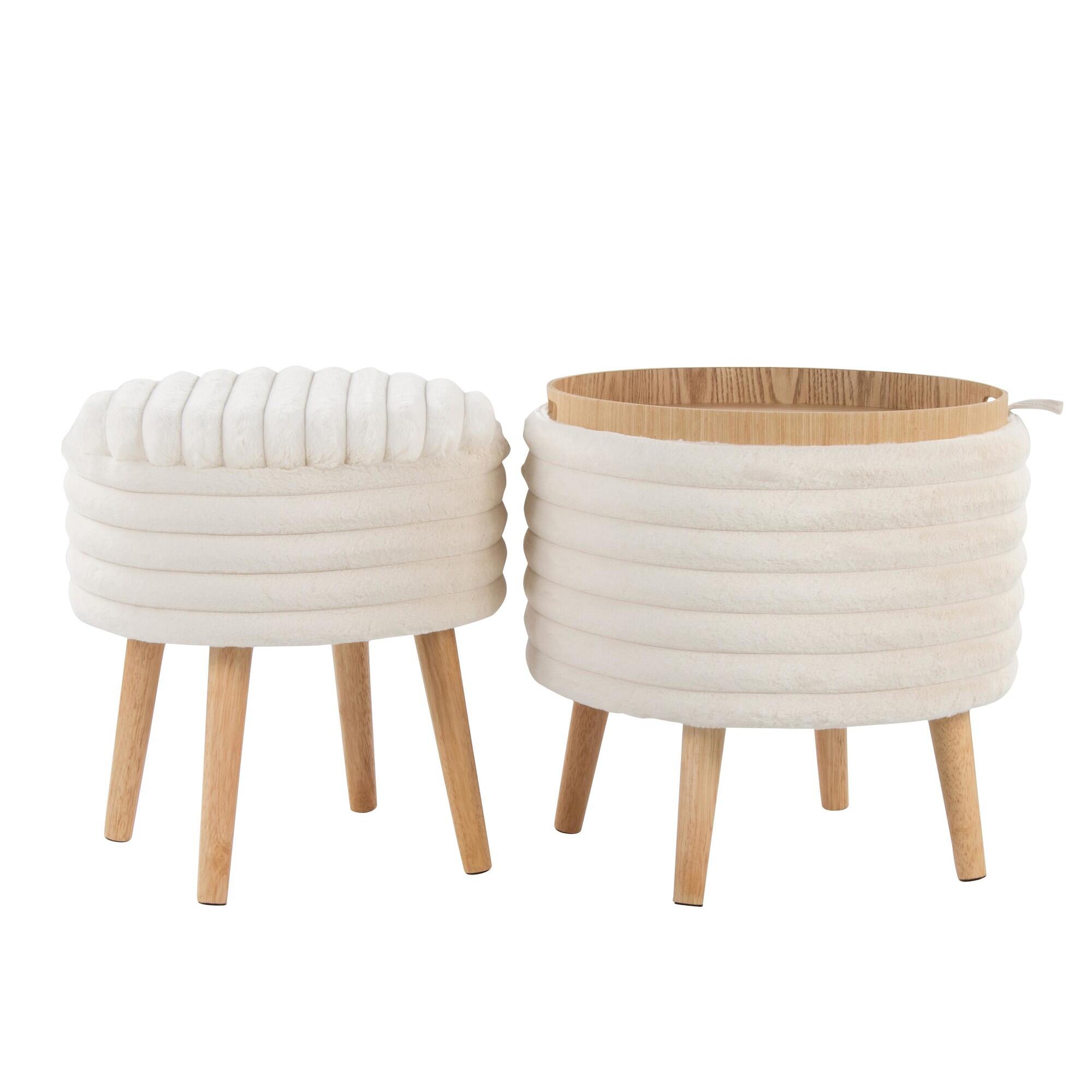 LumiSource Tray Ottoman with Storage (Set of 2), Cream, large