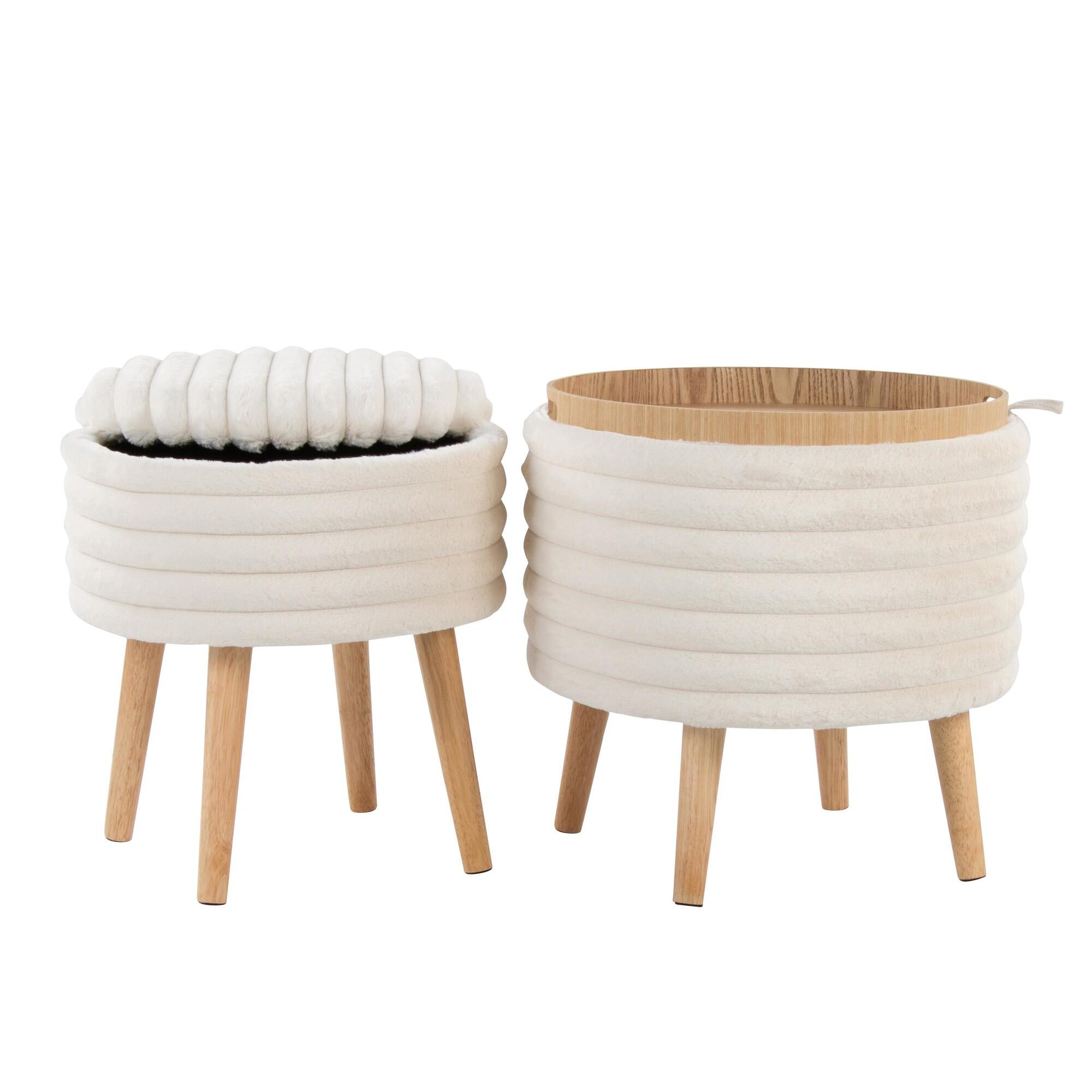LumiSource Tray Ottoman with Storage (Set of 2), Cream, large