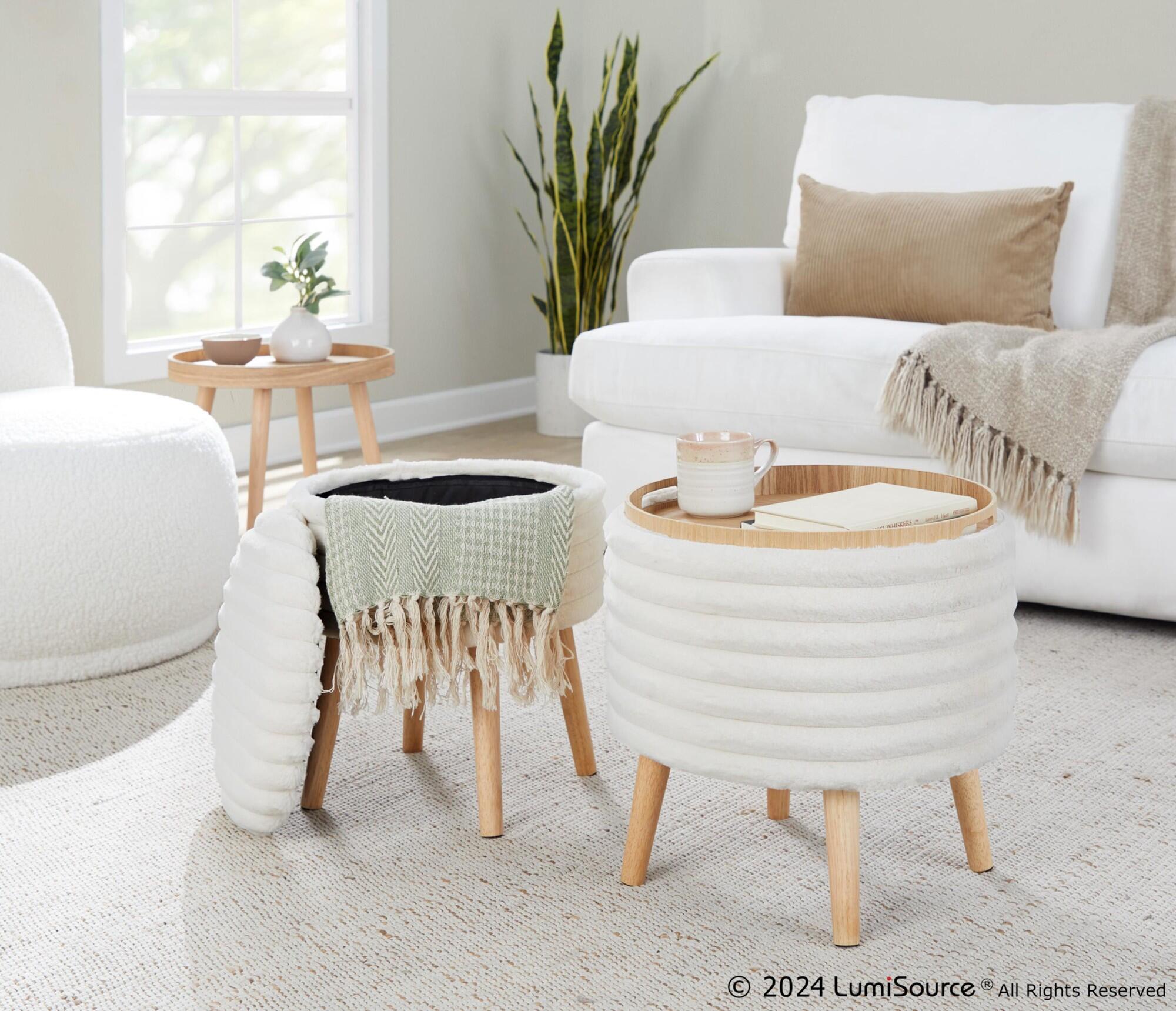LumiSource Tray Ottoman with Storage (Set of 2), Cream, large