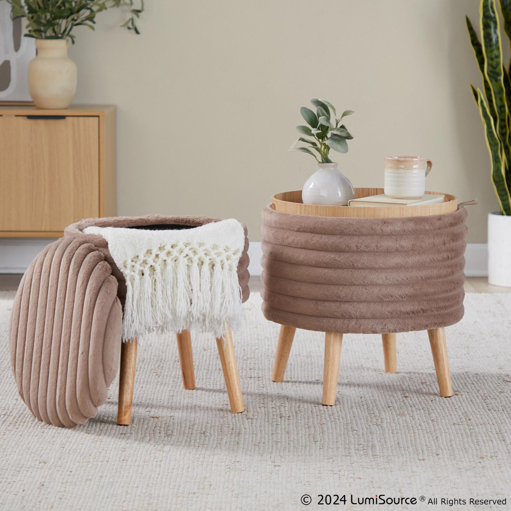 LumiSource Tray Ottoman with Storage (Set of 2), Light Brown, large
