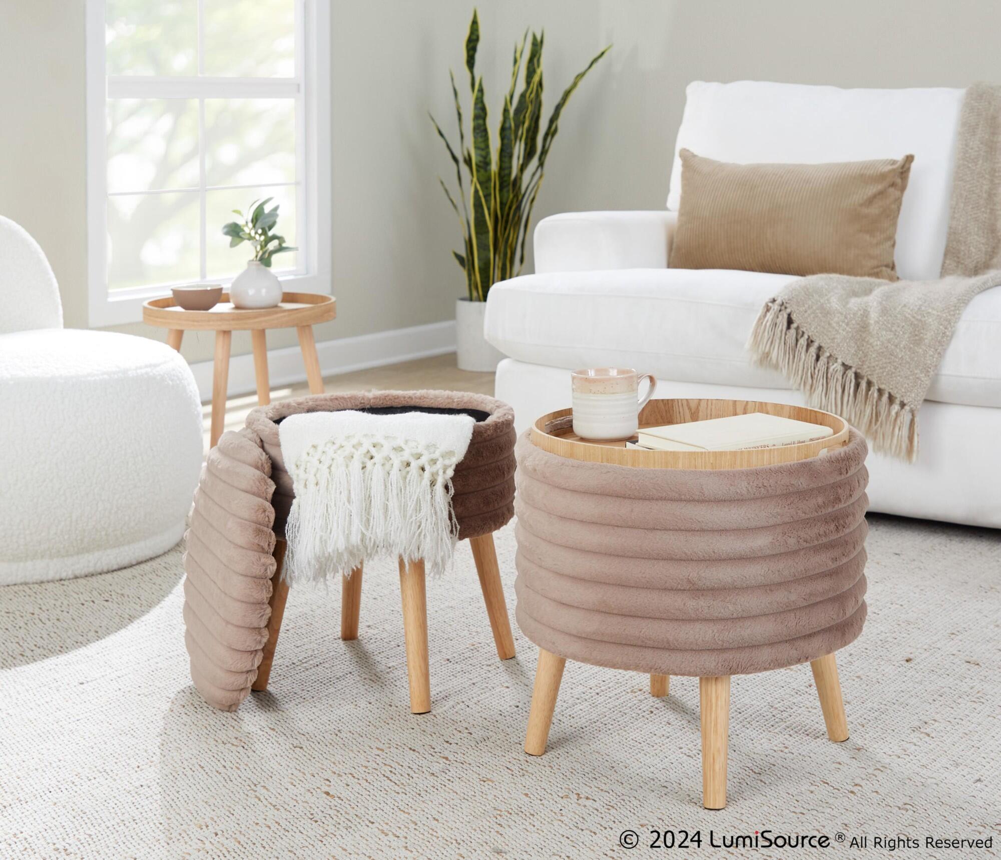 LumiSource Tray Ottoman with Storage (Set of 2), Light Brown, large