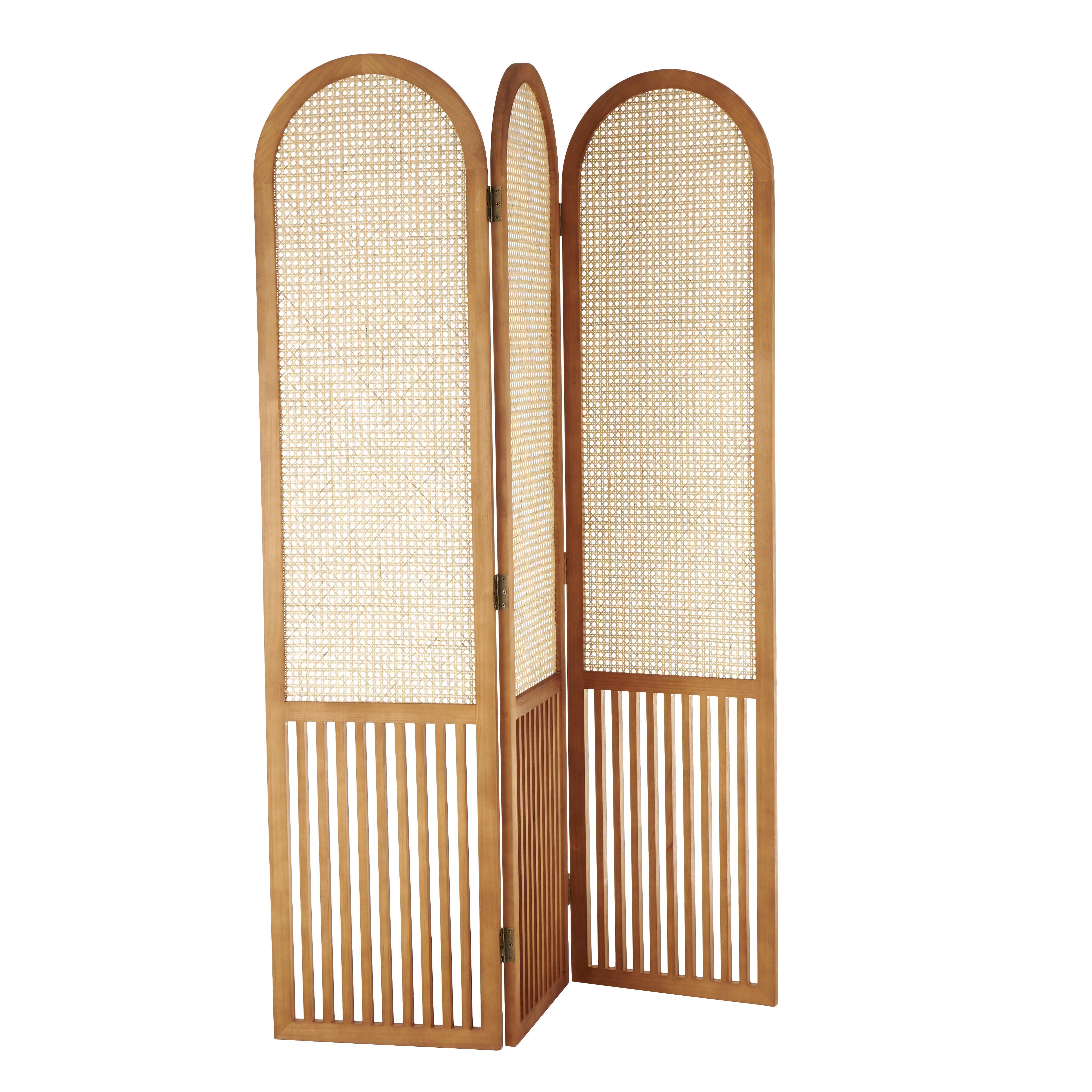 Bayberry Lane Arched 3 Divider Screen with Rattan Panels, Brown, large