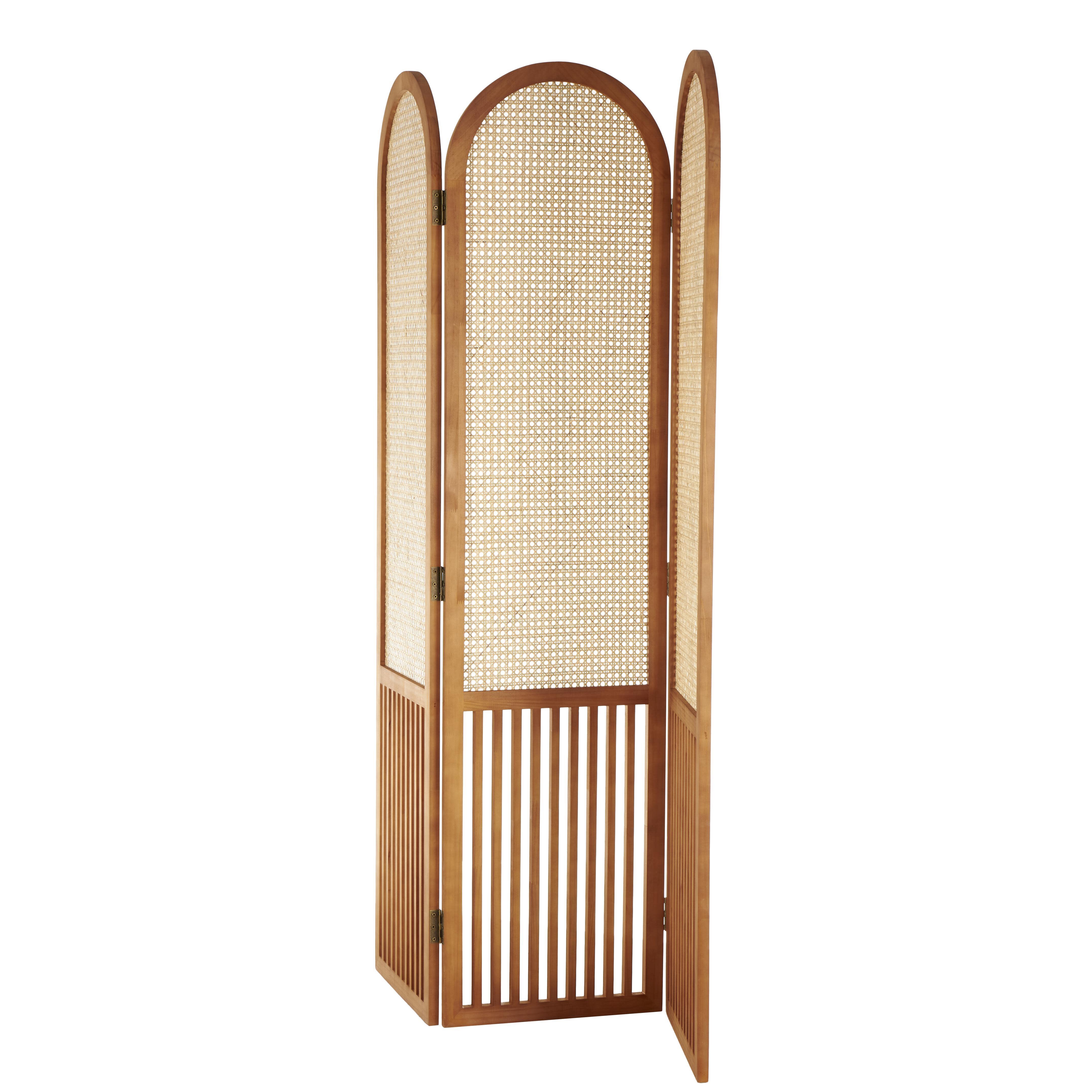 Bayberry Lane Arched 3 Divider Screen with Rattan Panels, Brown, large