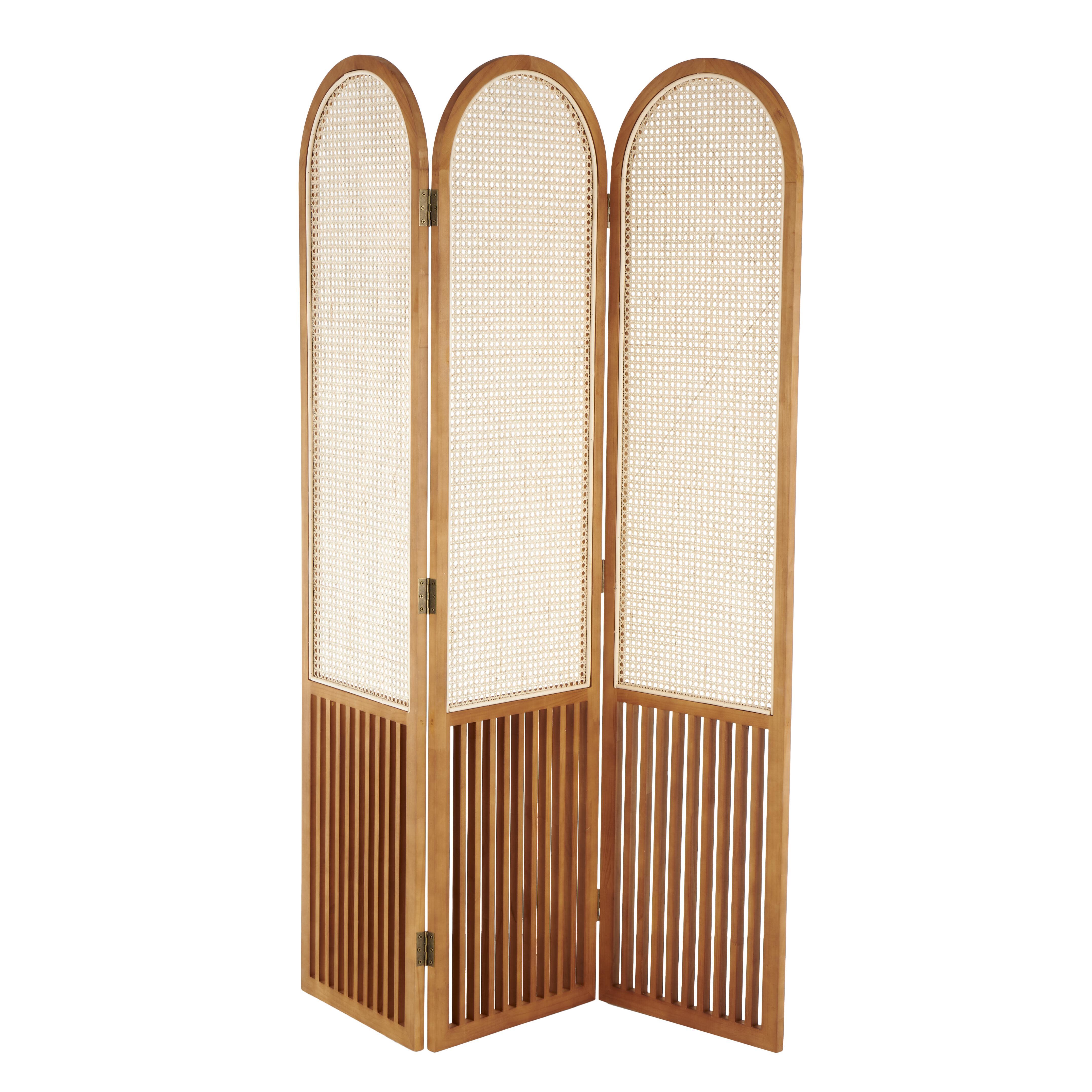 Bayberry Lane Arched 3 Divider Screen with Rattan Panels, Brown, large
