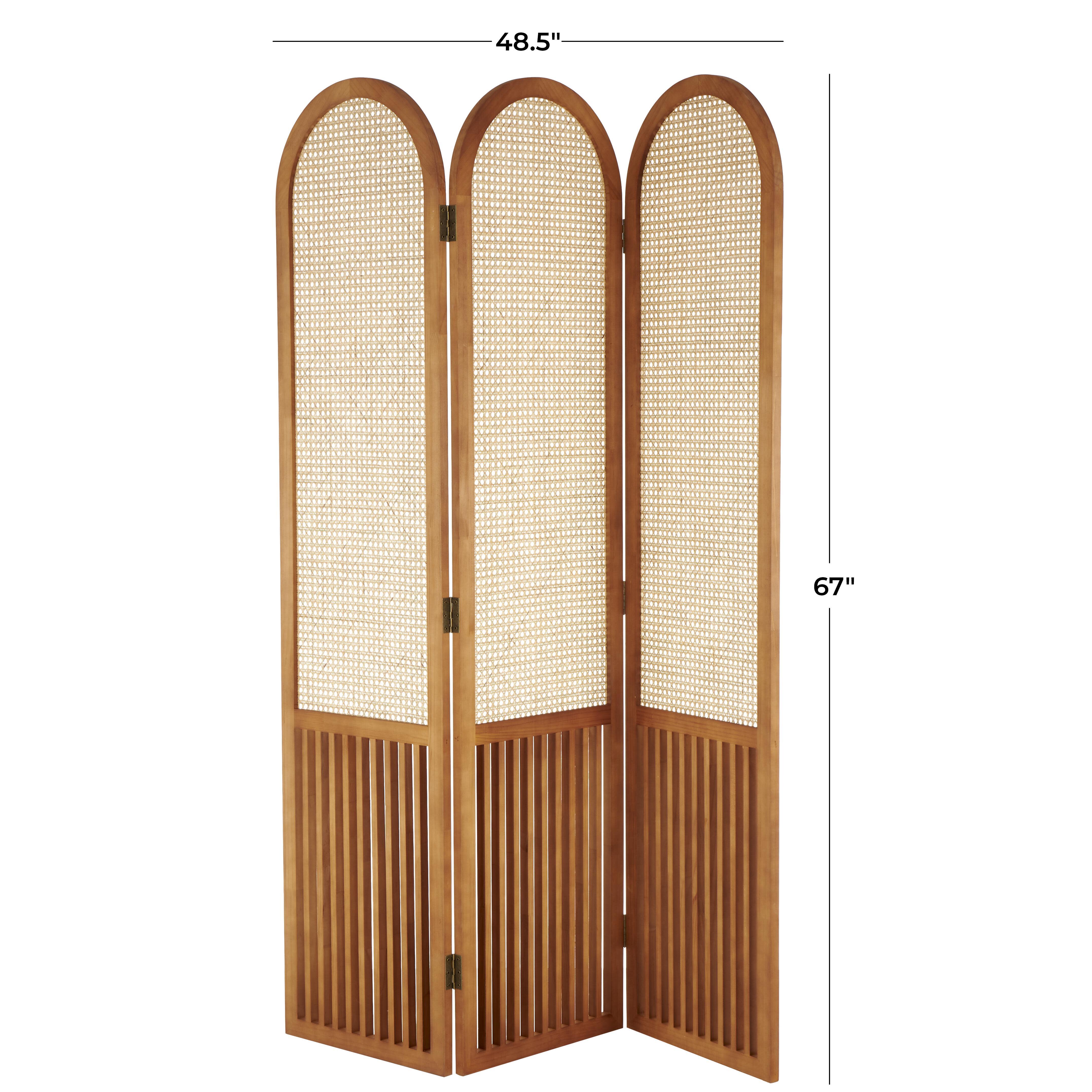Bayberry Lane Arched 3 Divider Screen with Rattan Panels, Brown, large