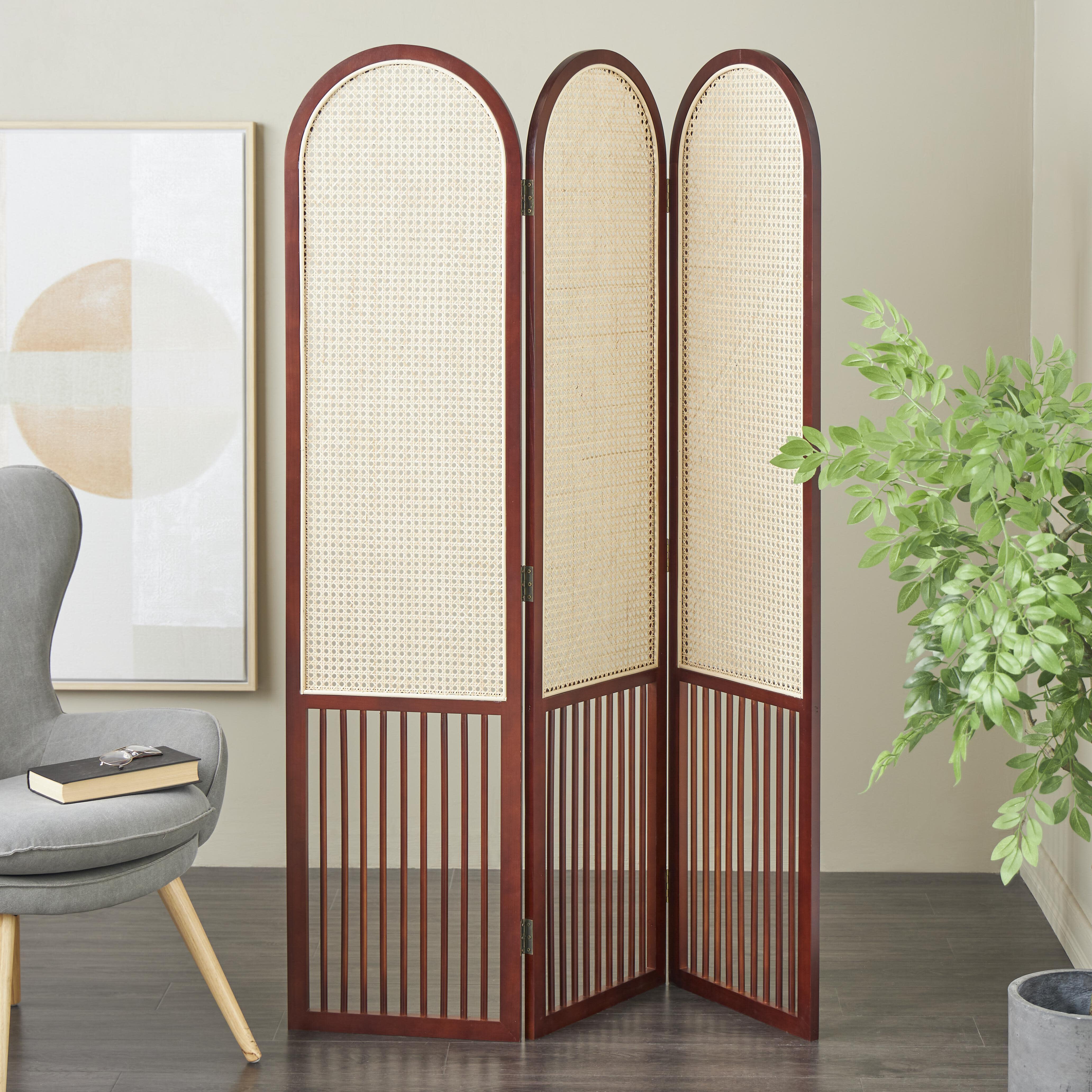 Bayberry Lane Arched 3 Divider Screen with Rattan Panels, Dark Brown, rollover