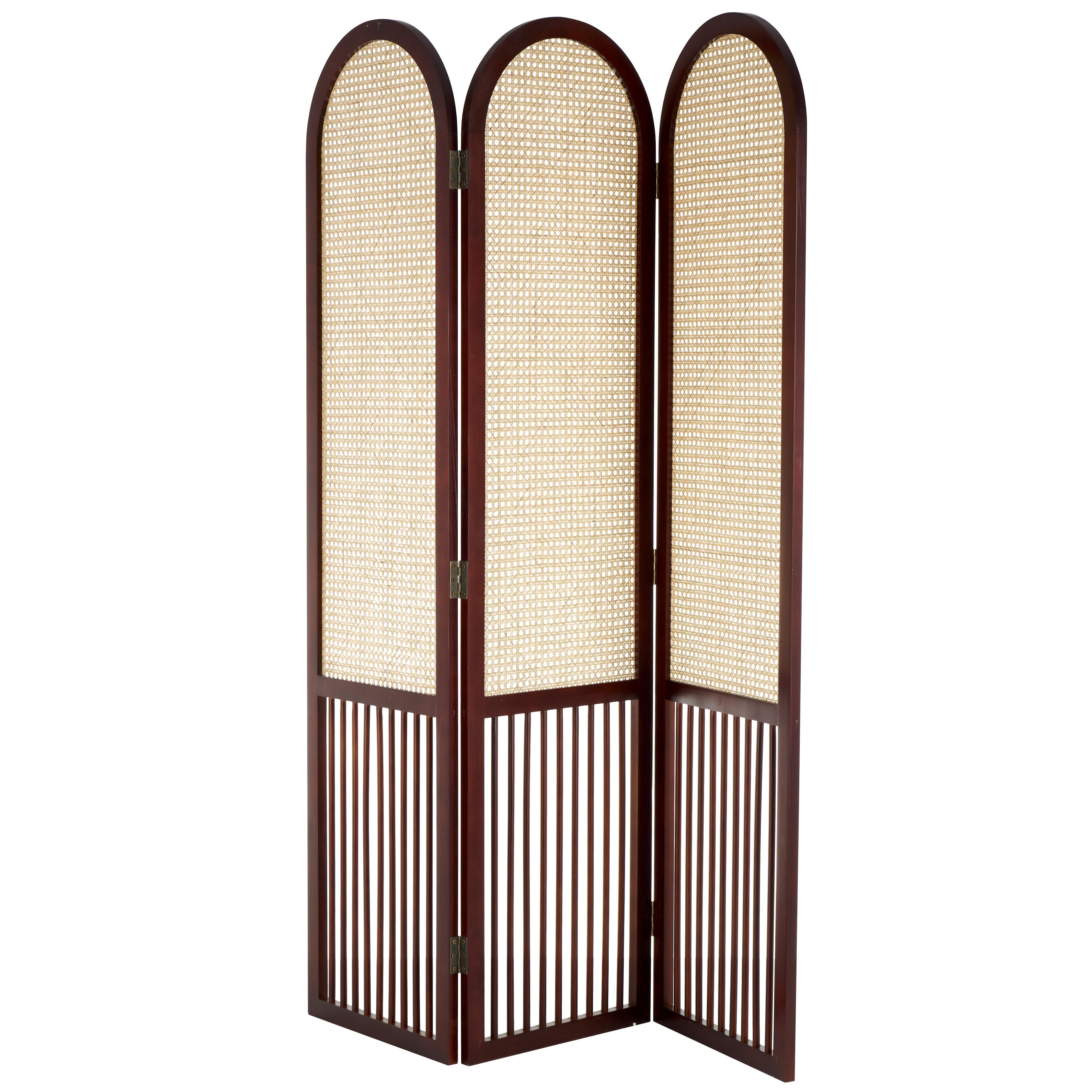 Bayberry Lane Arched 3 Divider Screen with Rattan Panels, Dark Brown, large