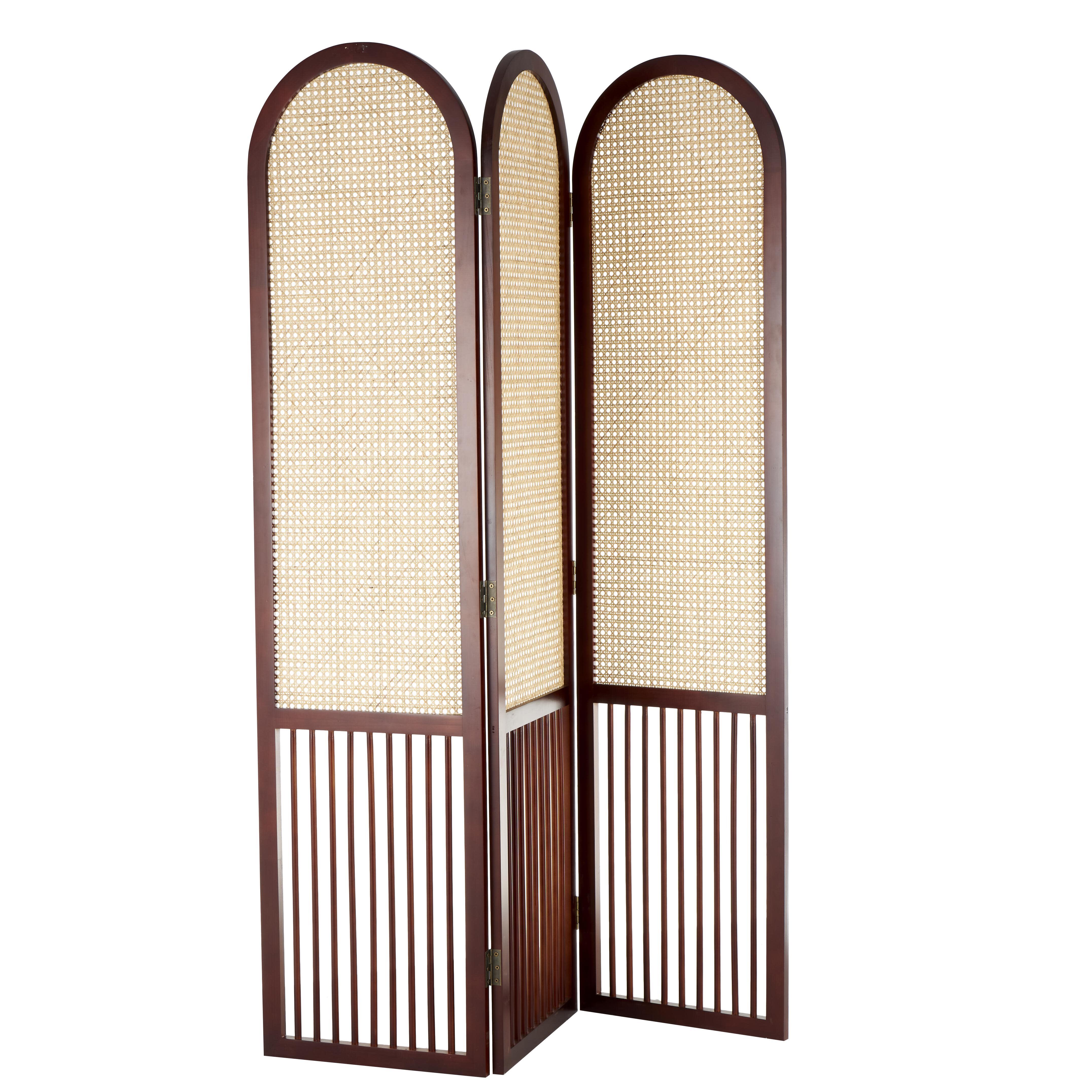 Bayberry Lane Arched 3 Divider Screen with Rattan Panels, Dark Brown, large