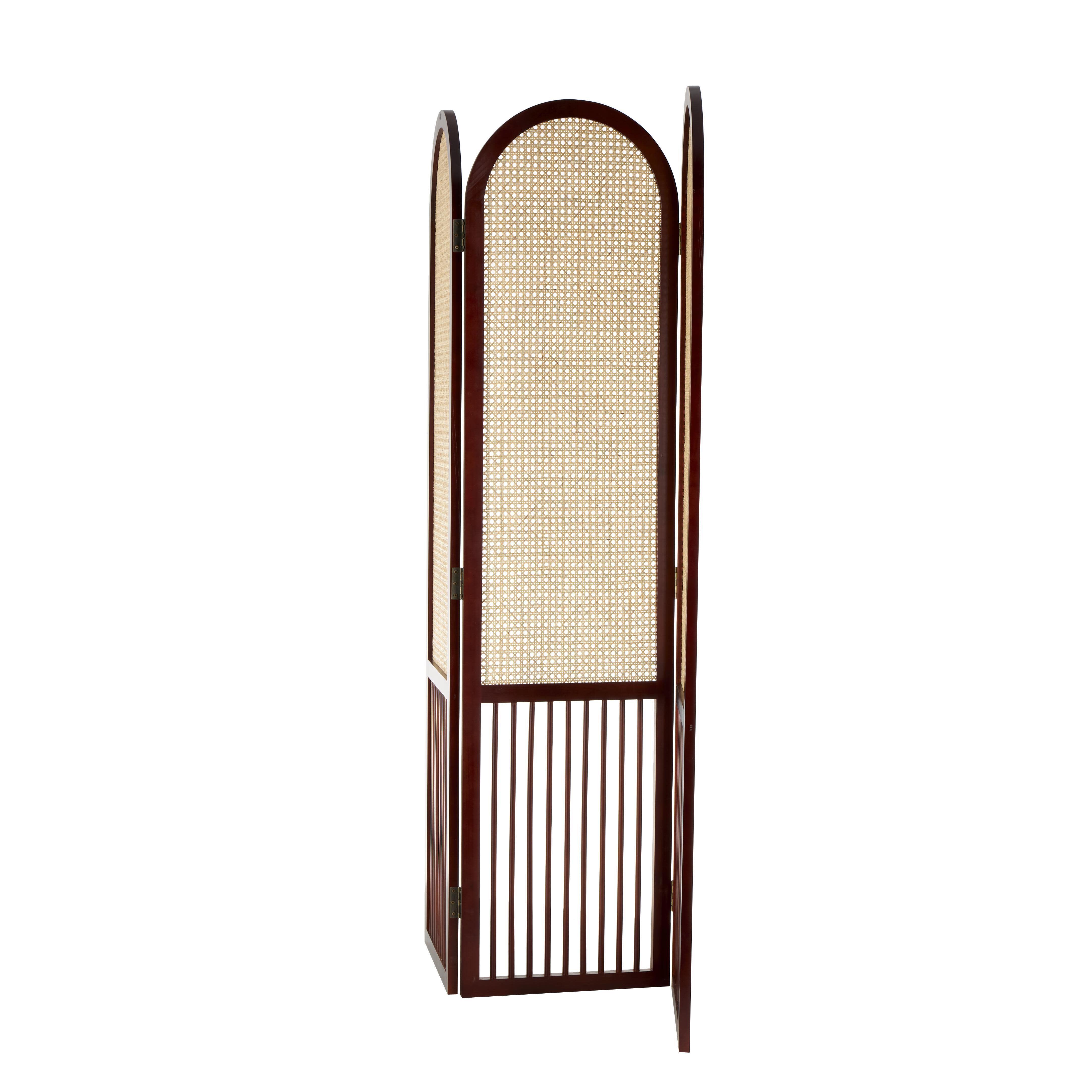 Bayberry Lane Arched 3 Divider Screen with Rattan Panels, Dark Brown, large