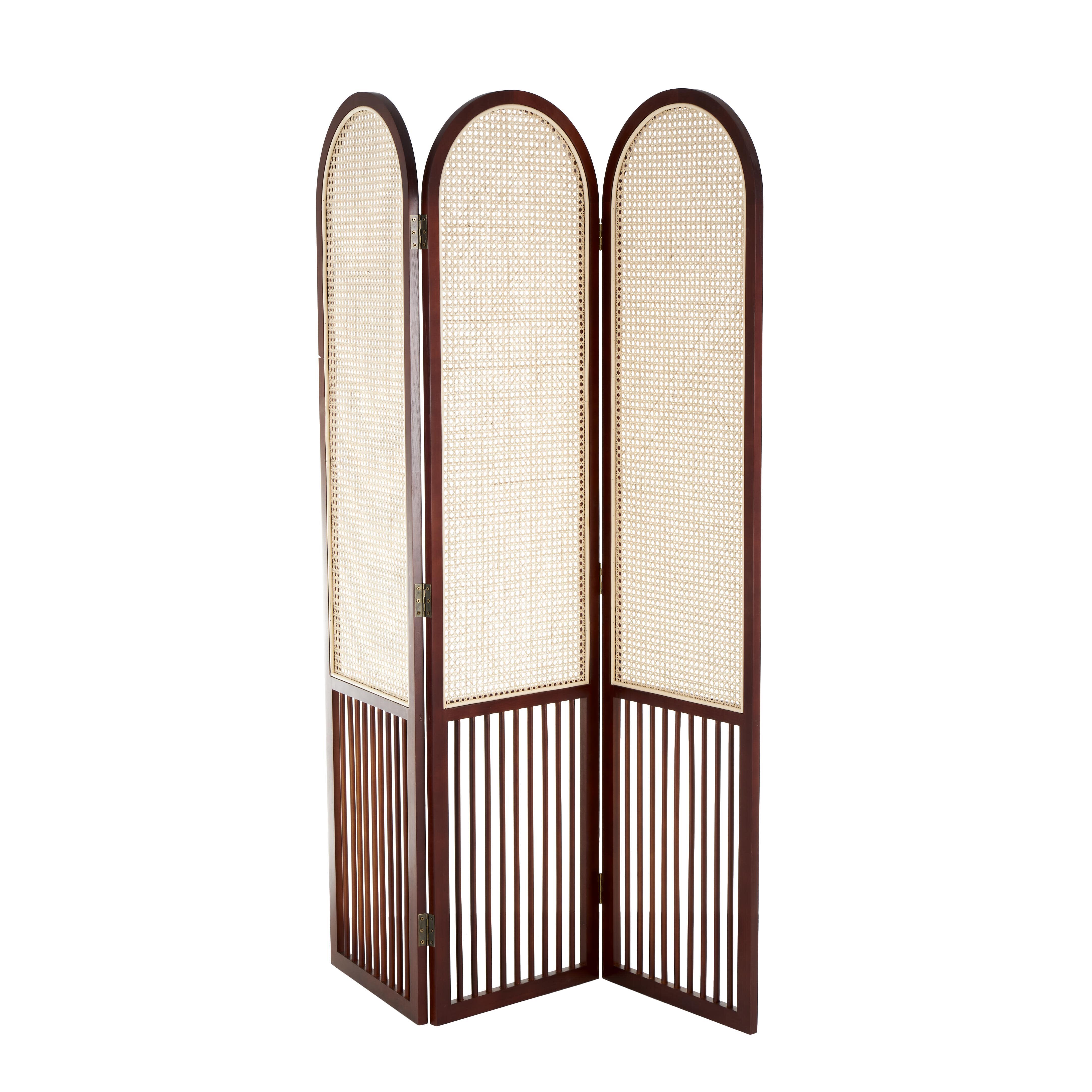 Bayberry Lane Arched 3 Divider Screen with Rattan Panels, Dark Brown, large