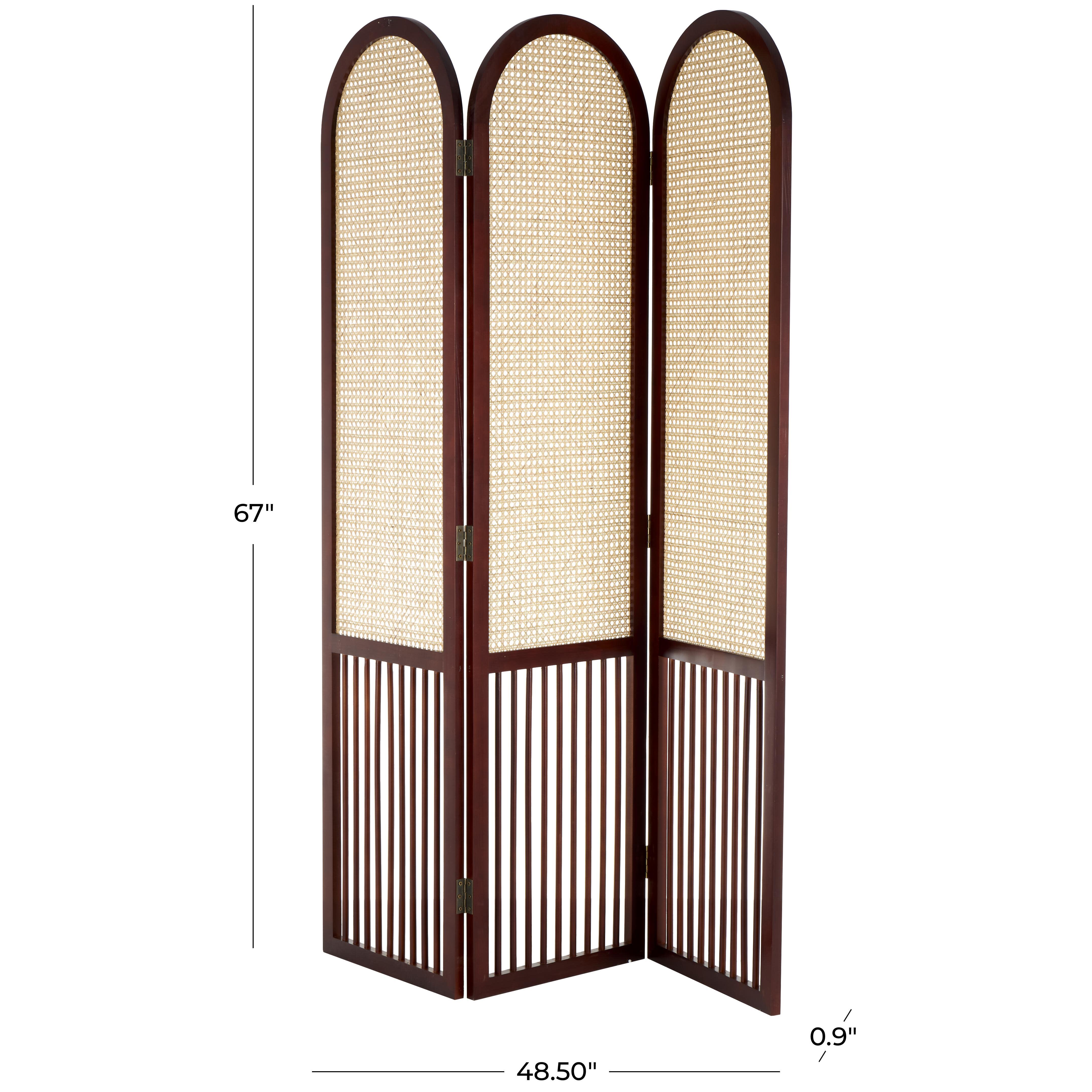 Bayberry Lane Arched 3 Divider Screen with Rattan Panels, Dark Brown, large