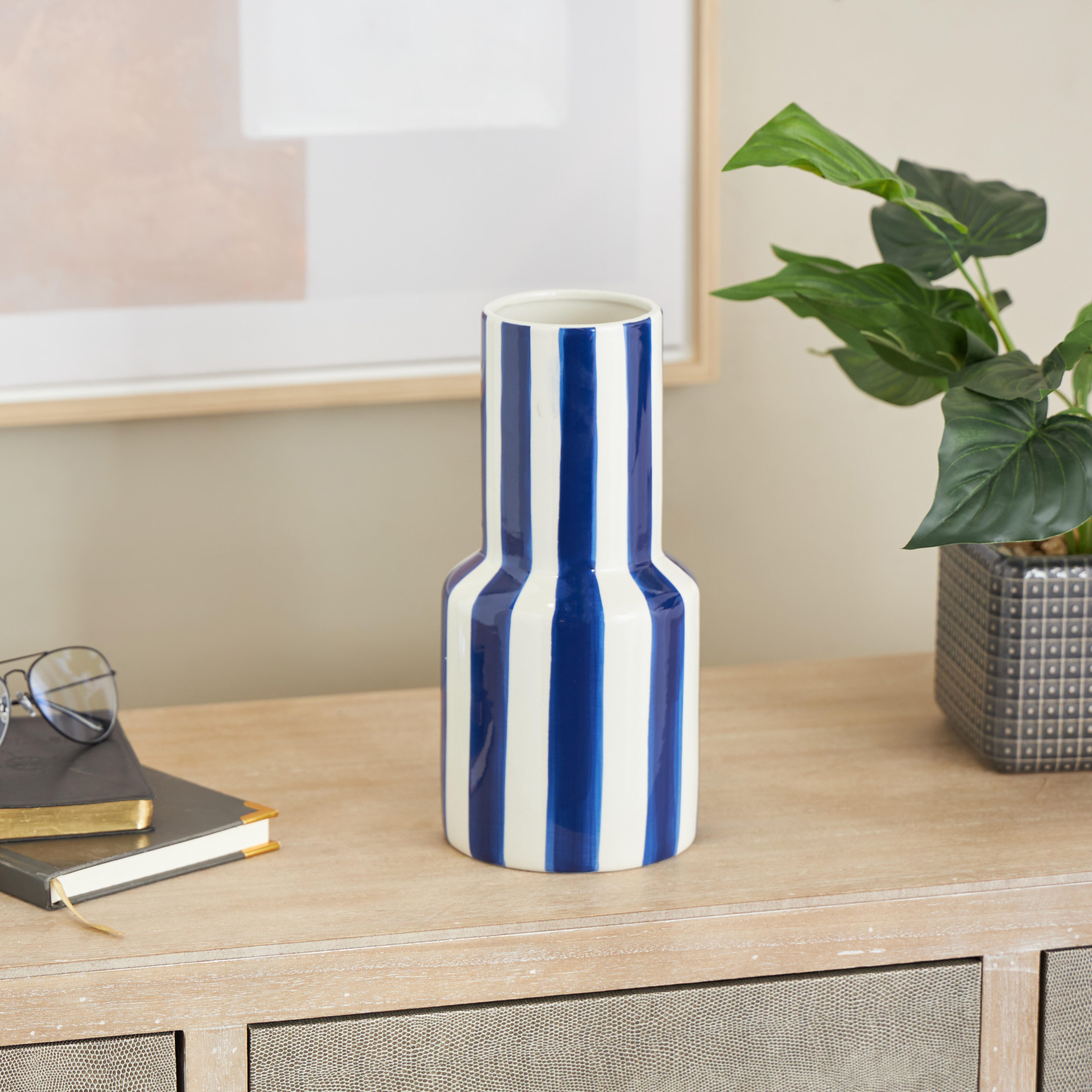 Bayberry Lane Vase with Black Stripes, White, rollover