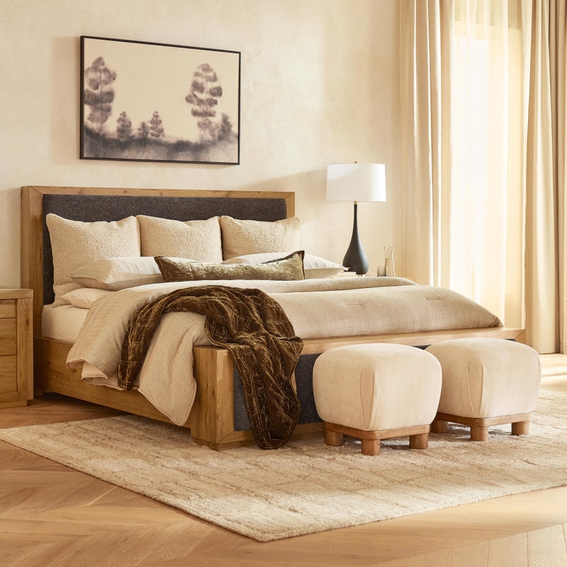 Ashley Luxe Plush Upholstered Parawood Ottoman, Cream