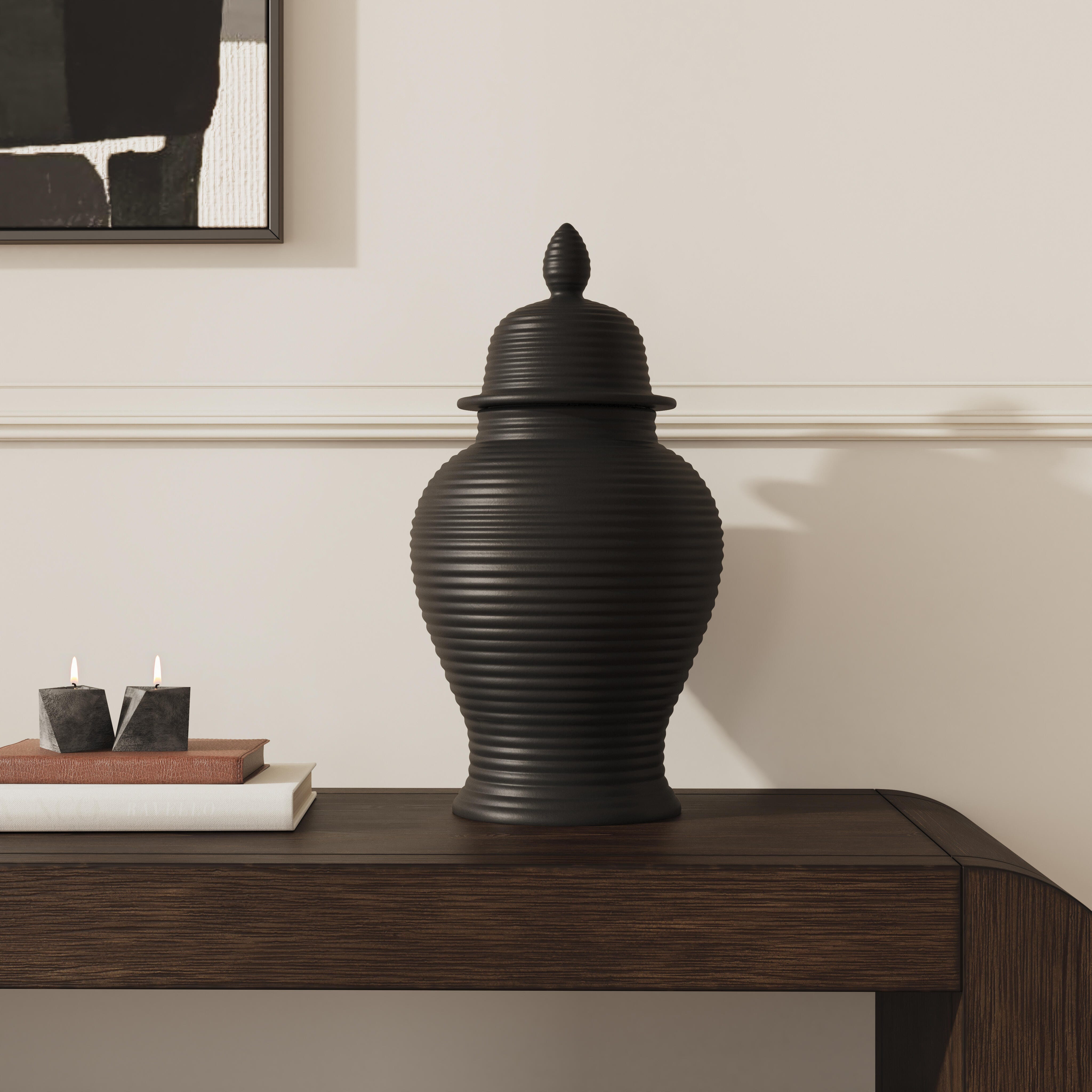 Ashley Luxe Cer, 18&rdquo; Ribbed Temple Jar, Black, Black, rollover